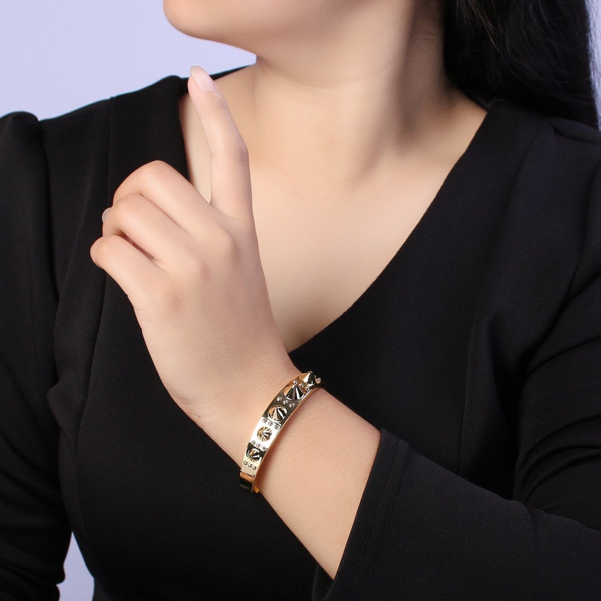 24K Gold Filled Spiked Triple Dotted Lined Bangle Cuff Bracelet | WA-361 Clearance Pricing