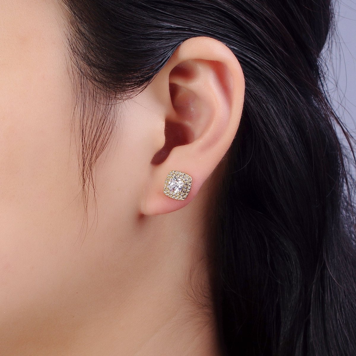 24K Gold Filled Square Clear CZ Micro Paved Stud Rhombus Earrings | AB331