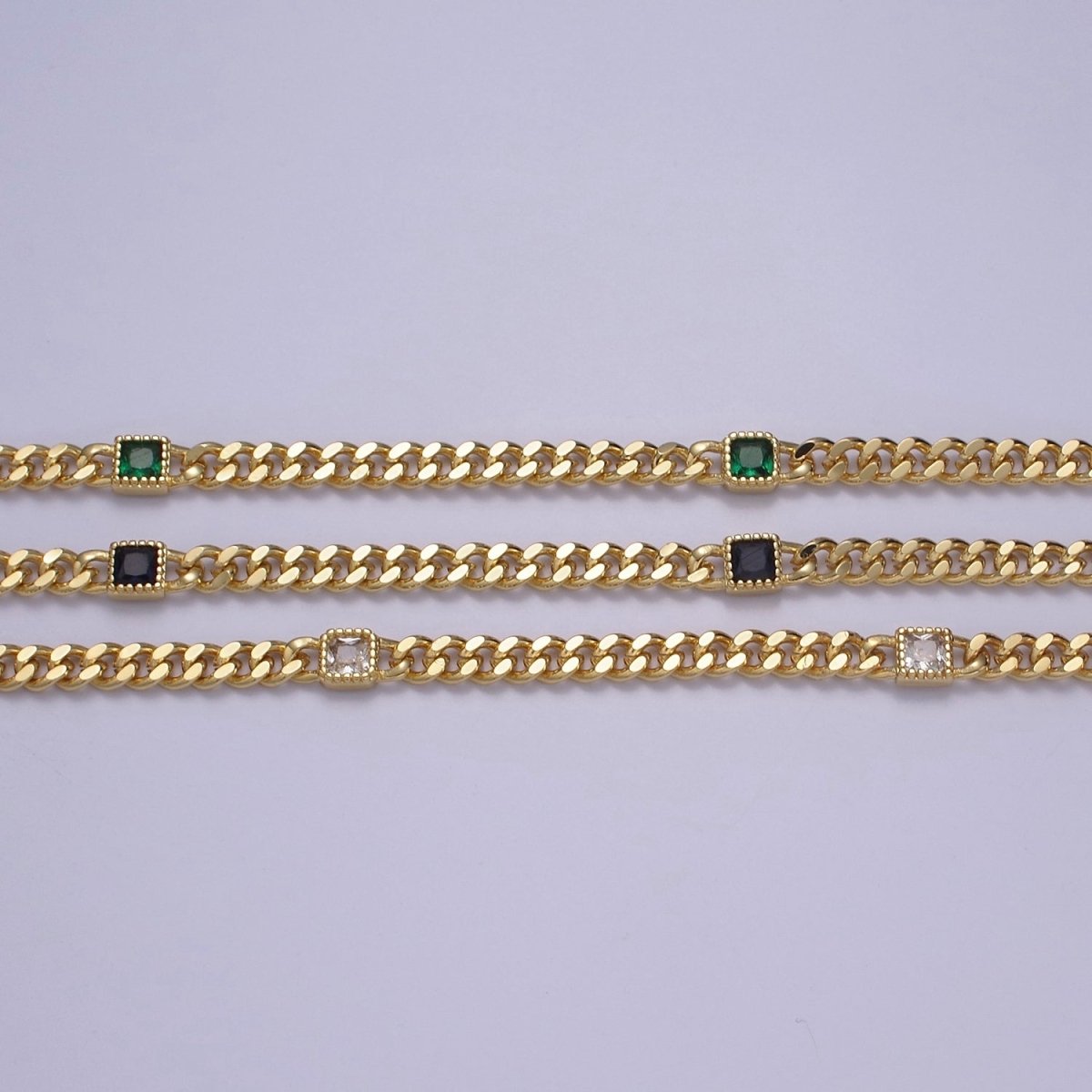 24K Gold Filled Square Cubic Zirconia Curb Chain Unfinished Chain by Meter | WA-1404 Clearance Pricing