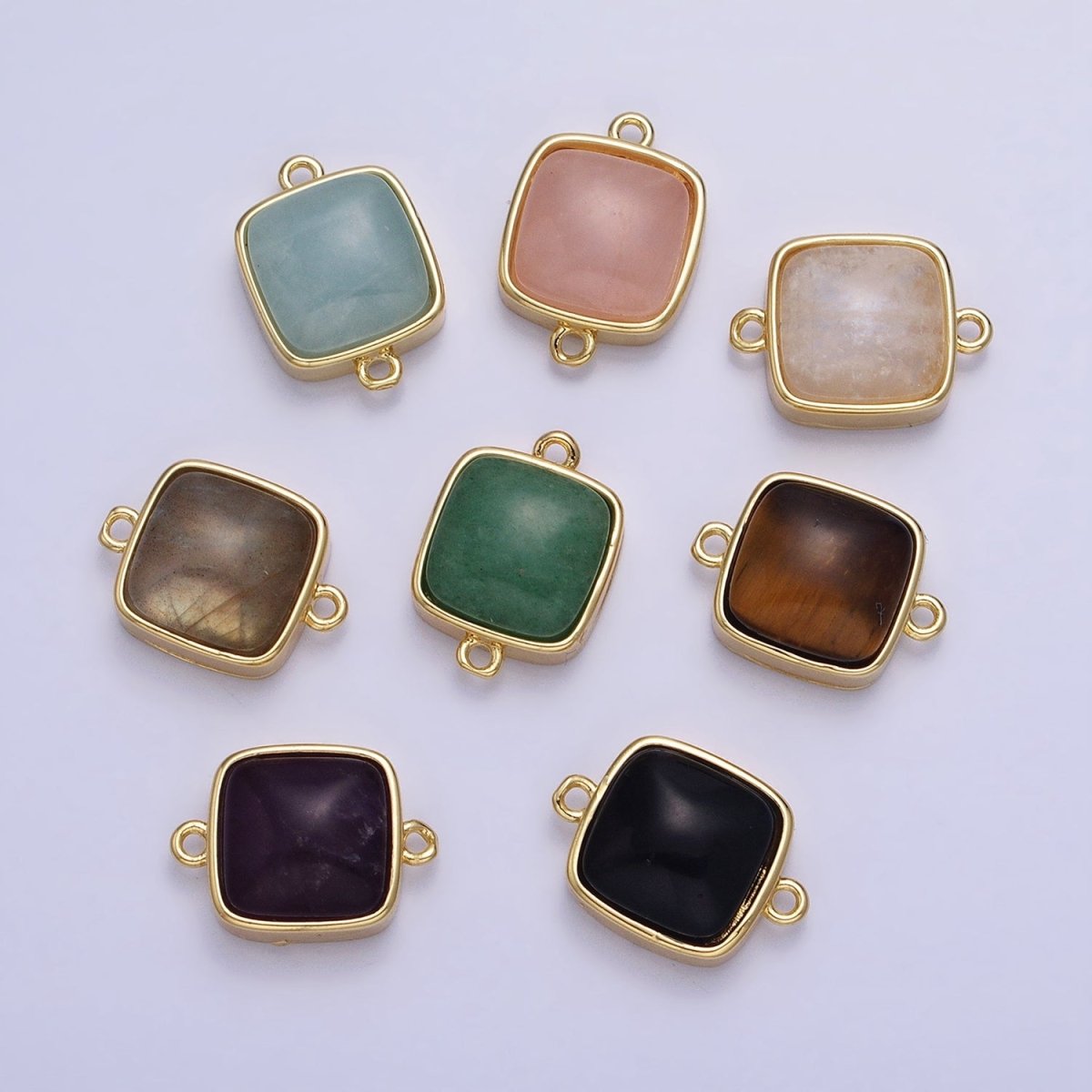 24K Gold Filled Square Labradorite, Blue Agate, Aventurine, Amethyst, Onyx, Rose Quartz, Moonstone, Tiger Eye Connector | AA937 - AA944