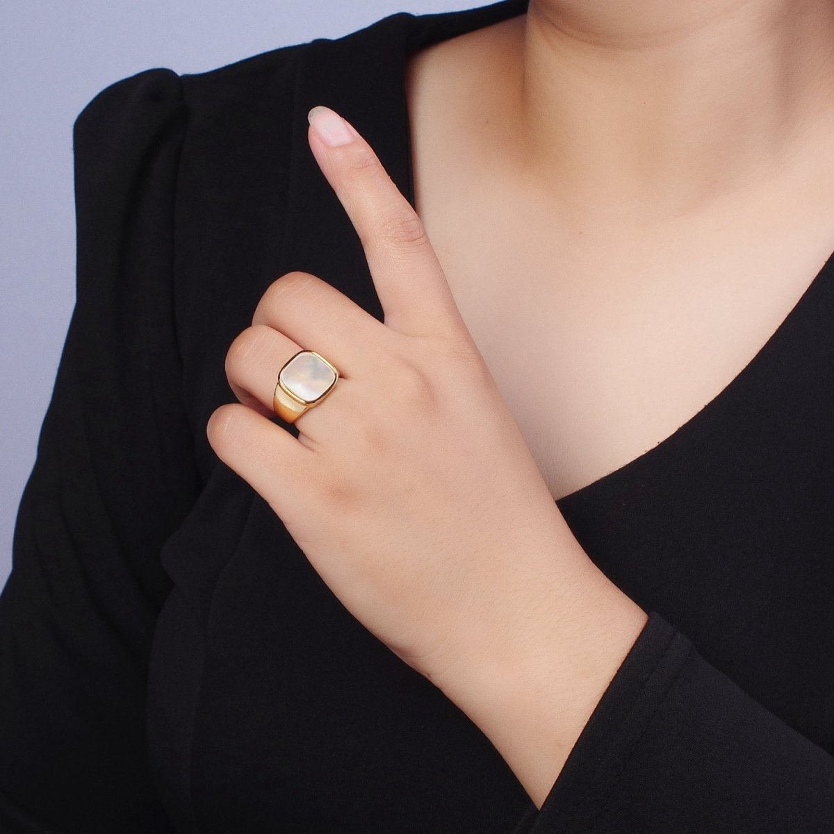 24K Gold Filled Square Shell Signet Adjustable Gold Ring | S-356