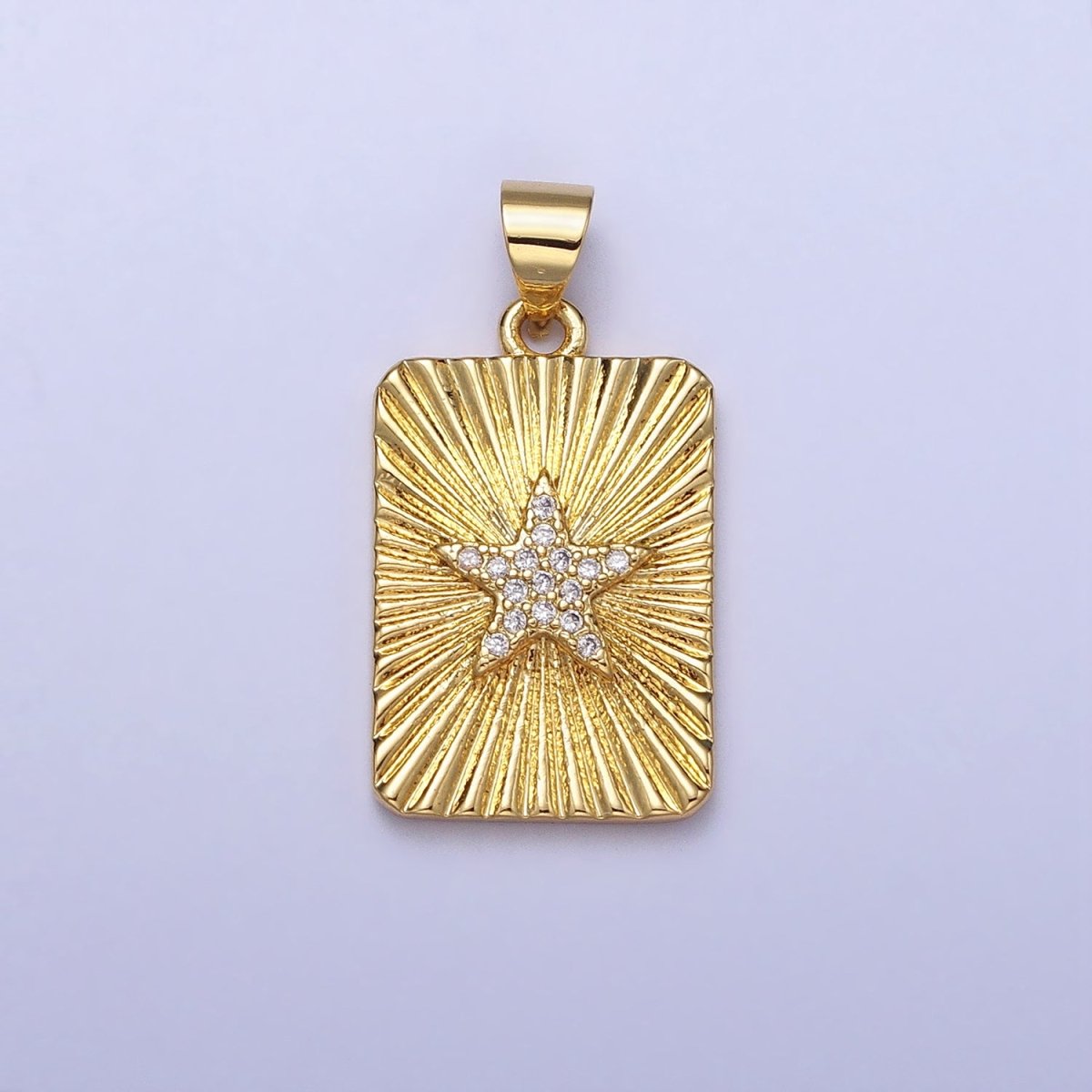 24K Gold Filled Star Celestial Clear CZ Micro Paved Sunburst Textured Tag Pendant | AA172