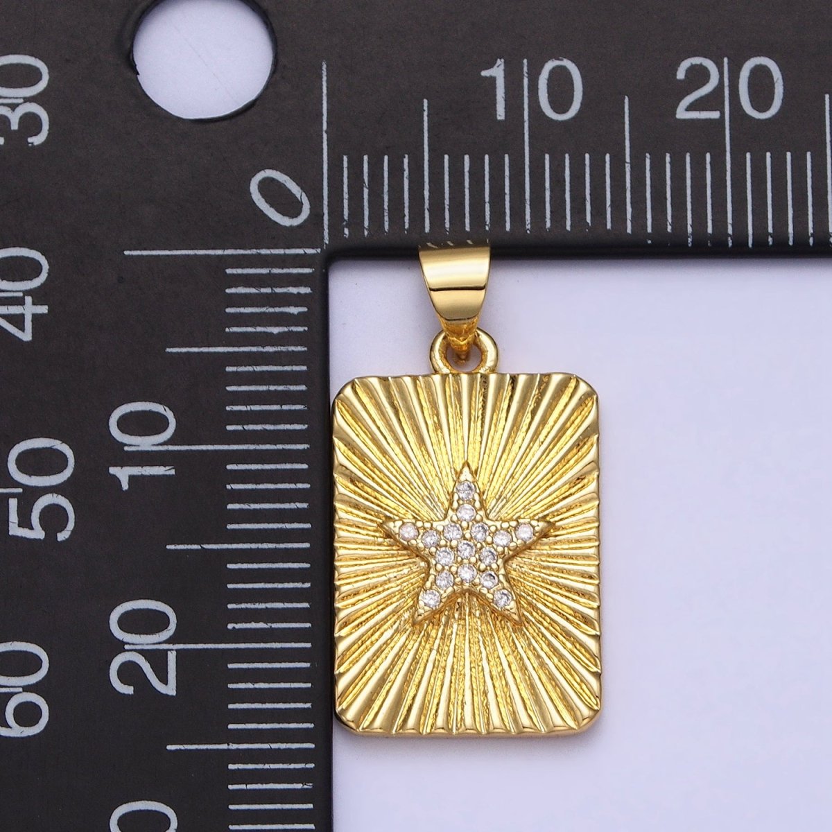 24K Gold Filled Star Celestial Clear CZ Micro Paved Sunburst Textured Tag Pendant | AA172