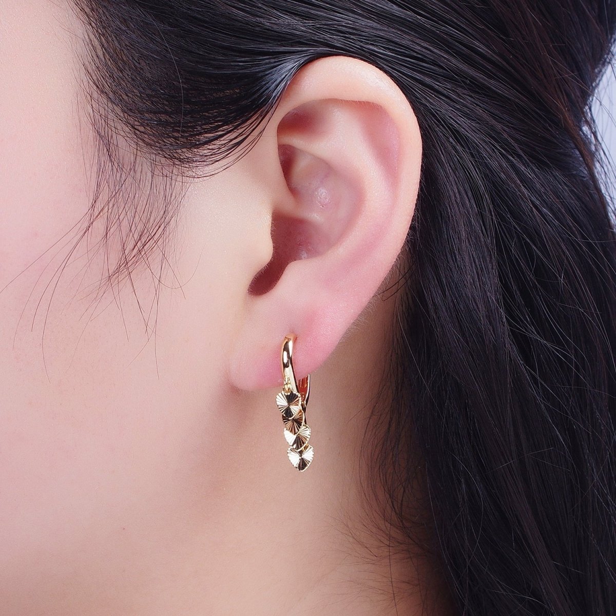 24K Gold Filled Starburst Heart Love Dangle on Teardrop Huggie Hoop Earrings T-180