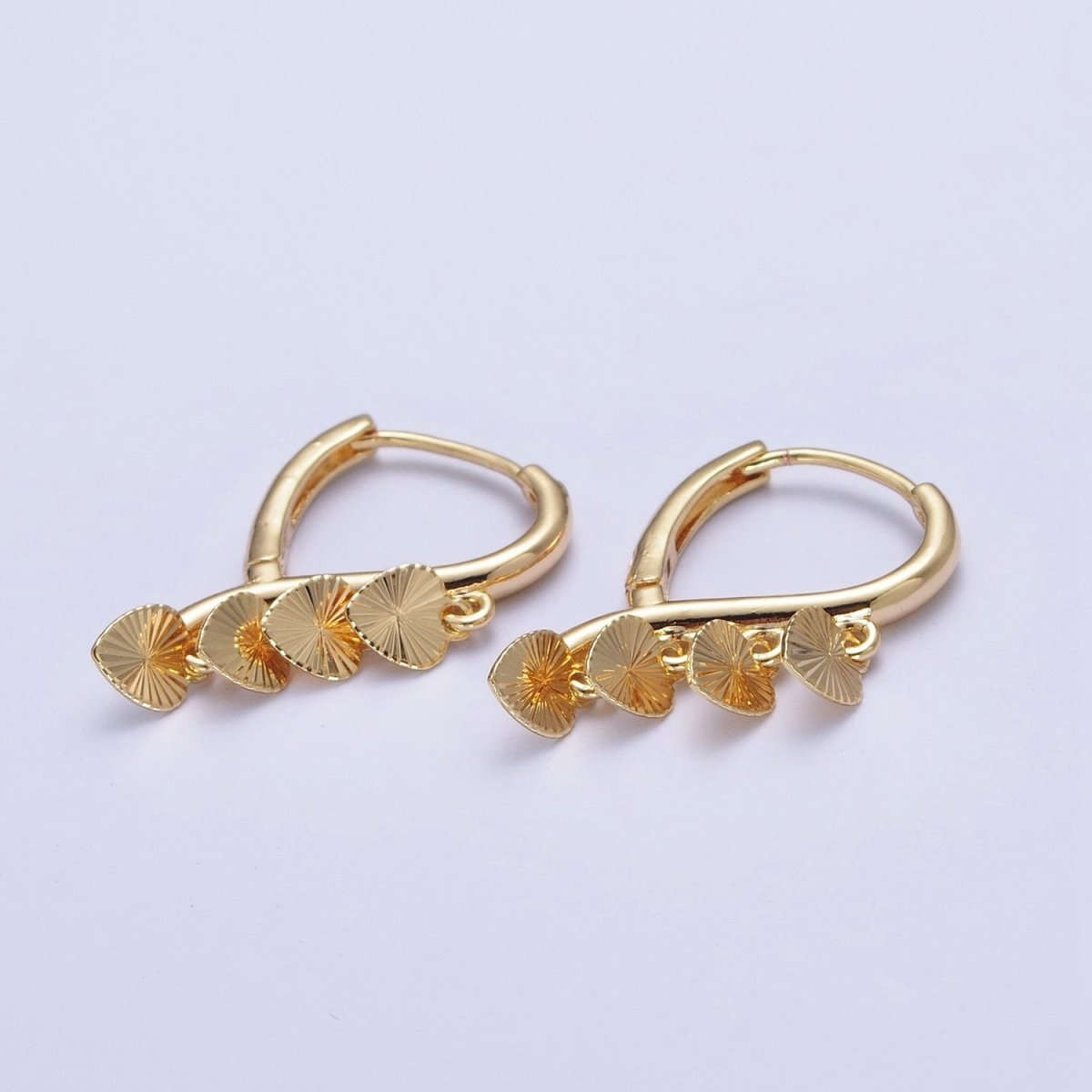 24K Gold Filled Starburst Heart Love Dangle on Teardrop Huggie Hoop Earrings T-180