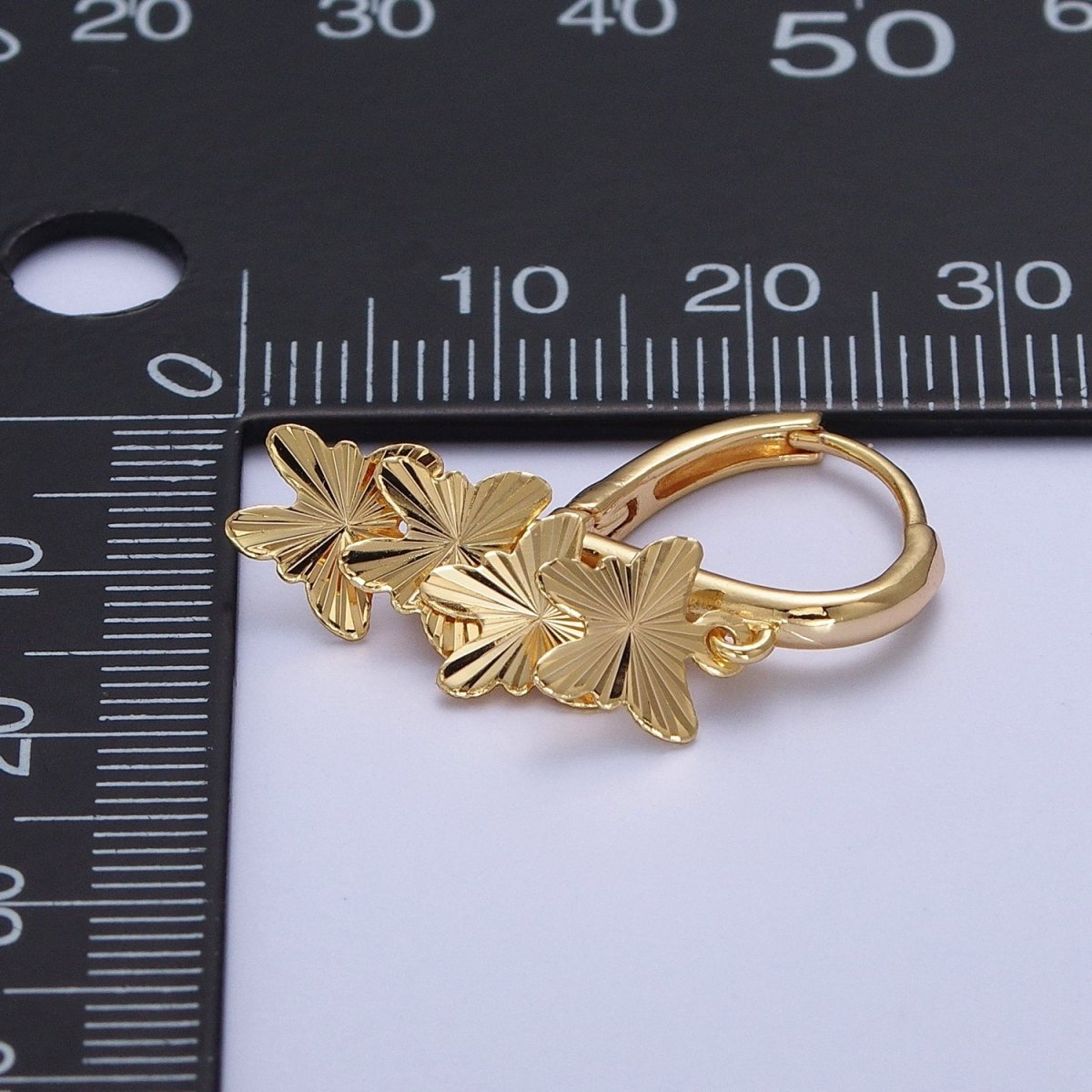 24K Gold Filled Starburst Mariposa Butterfly Dangle on Teardrop Huggie Hoop Earrings T-183