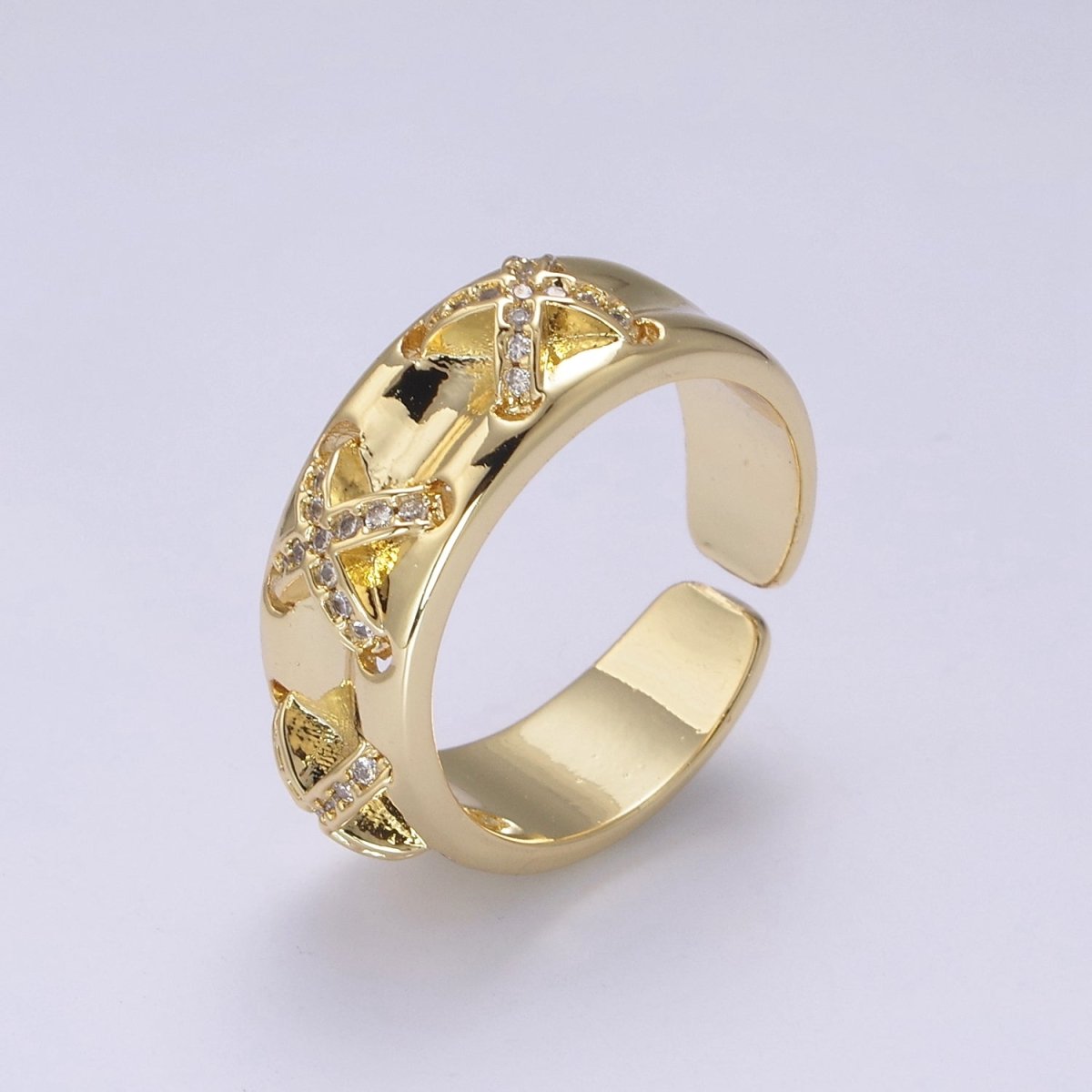 24K Gold Filled Statement X Crystal Zirconia CZ Adjustable Ring U-411