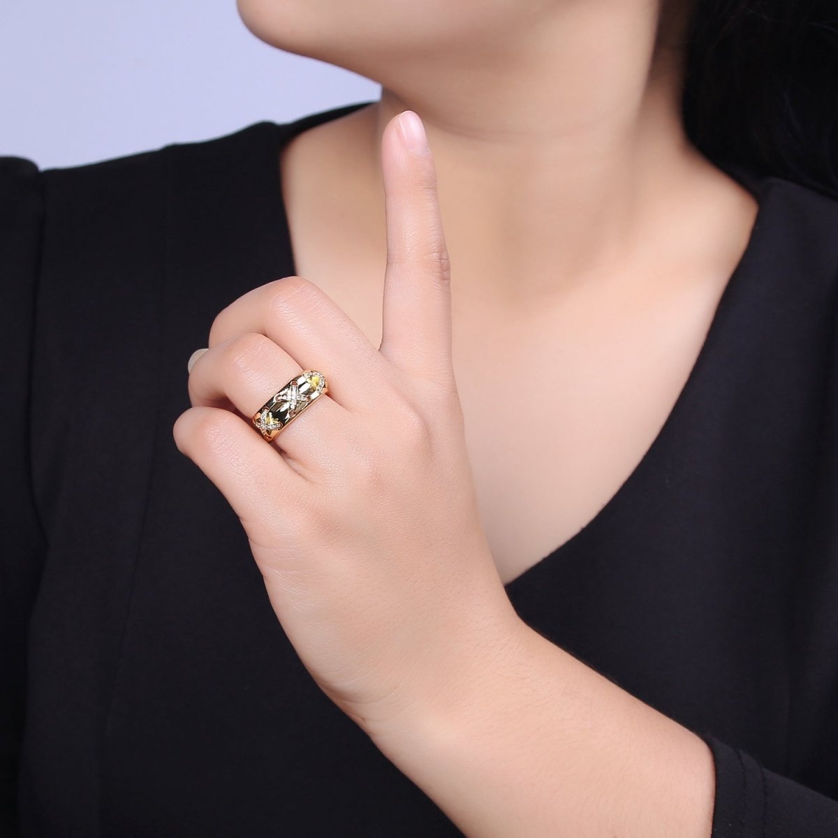 24K Gold Filled Statement X Crystal Zirconia CZ Adjustable Ring U-411