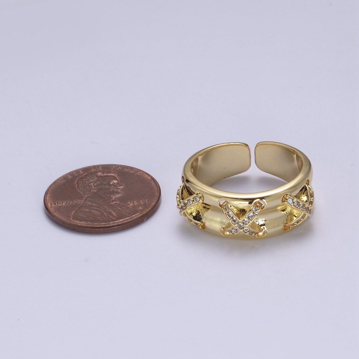 24K Gold Filled Statement X Crystal Zirconia CZ Adjustable Ring U-411