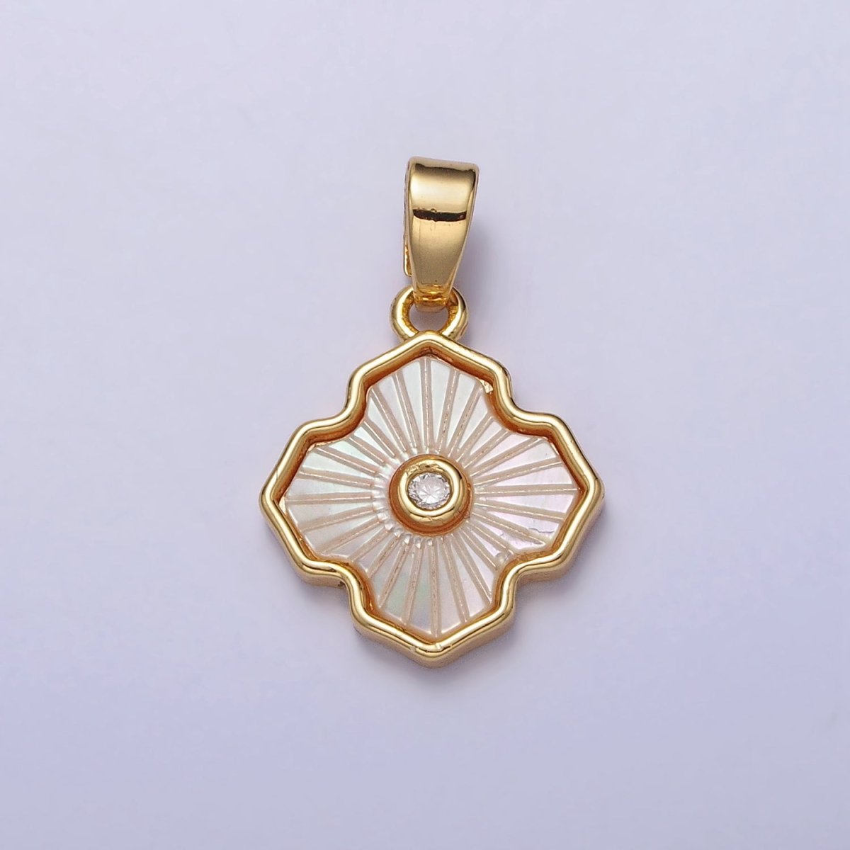 24K Gold Filled Stripped Shell Pearl Flower Clover CZ Geometric Pendant | AA105