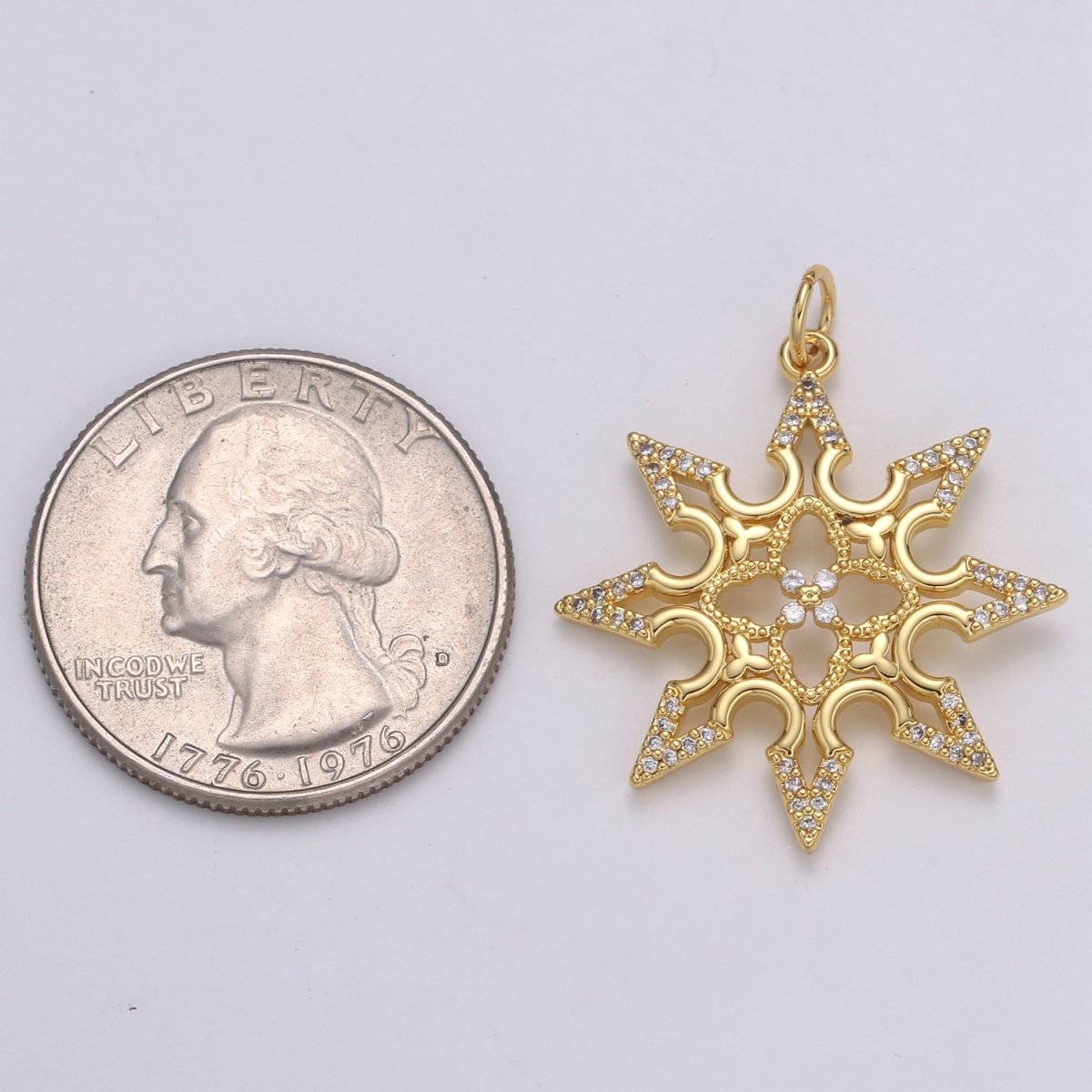24K Gold Filled Sun CZ Pendant, Micro Pave Cubic Zirconia Star Sun Burst Charm, Celestial Charm 31x25mm E-211