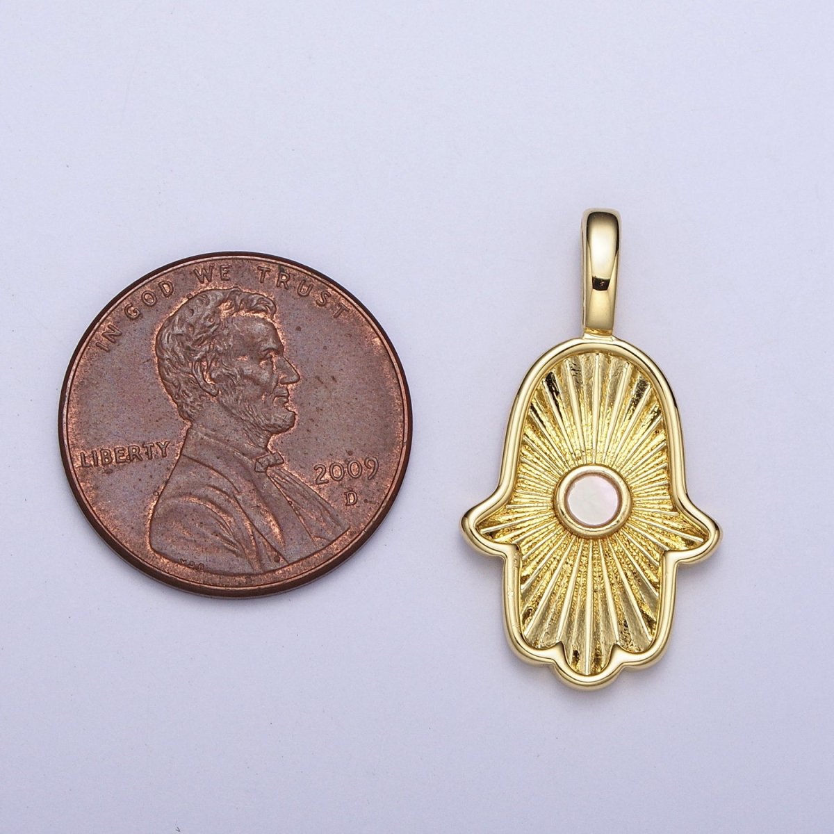 24K Gold Filled Sunburst Hamsa Hand w. Round Shell Pearl Pendant H-350