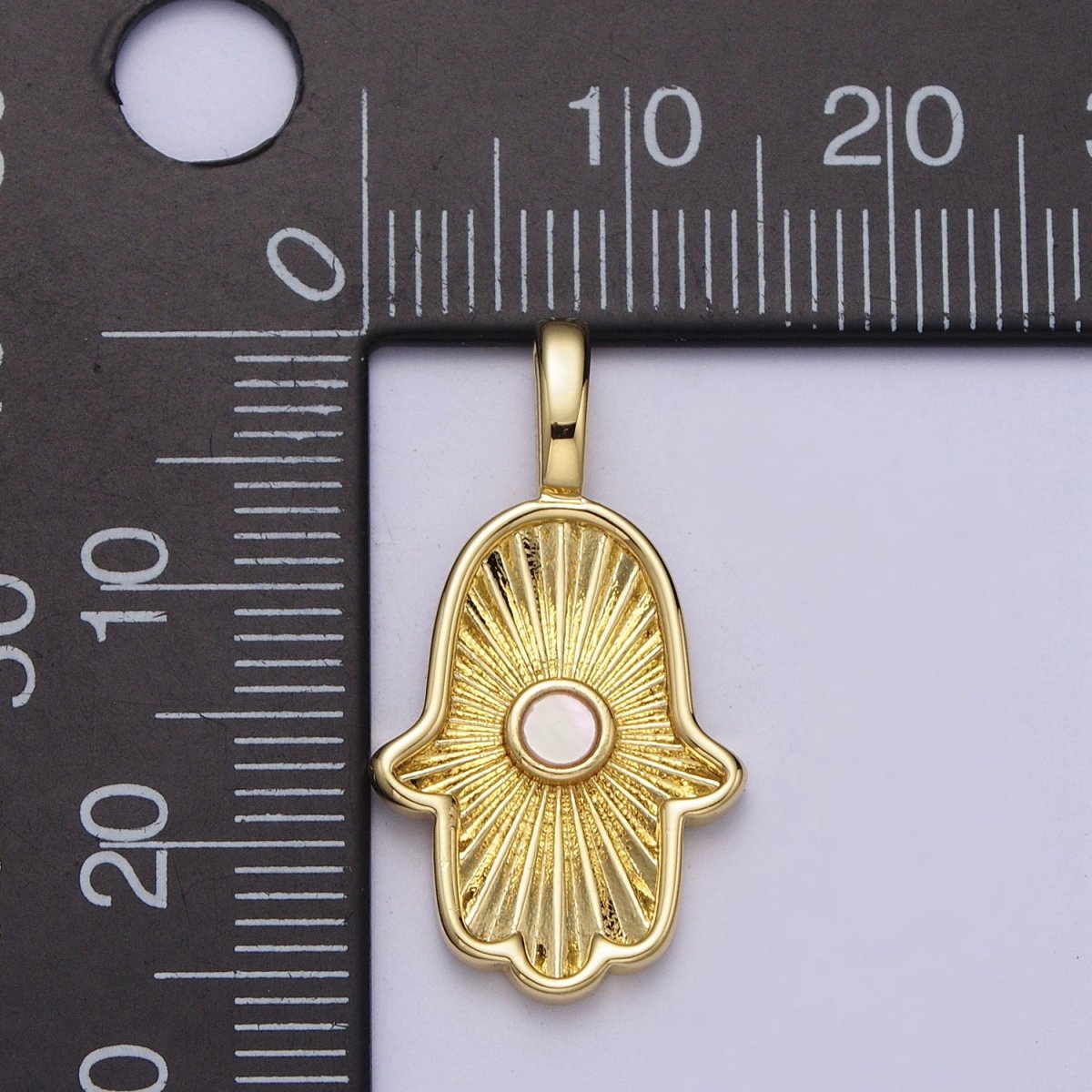 24K Gold Filled Sunburst Hamsa Hand w. Round Shell Pearl Pendant H-350