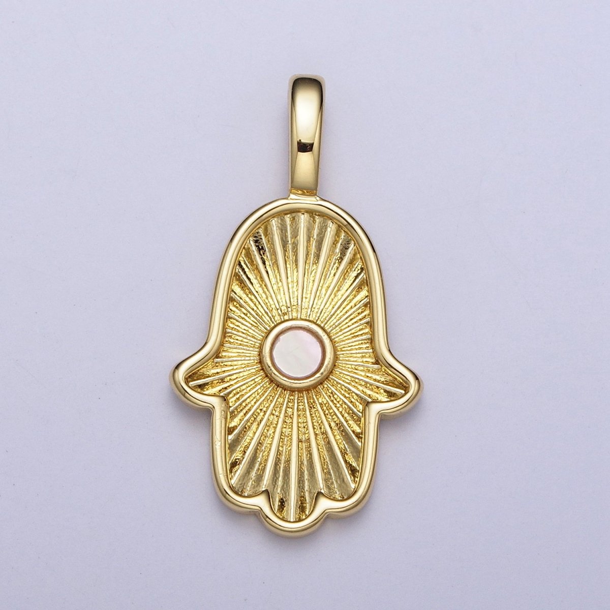24K Gold Filled Sunburst Hamsa Hand w. Round Shell Pearl Pendant H-350