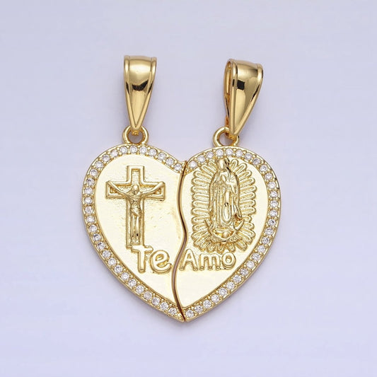 24K Gold Filled "Te Amo" Crucifix Cross, Virgin Mary Religious Breakable Heart Pendant | AA227 AA228