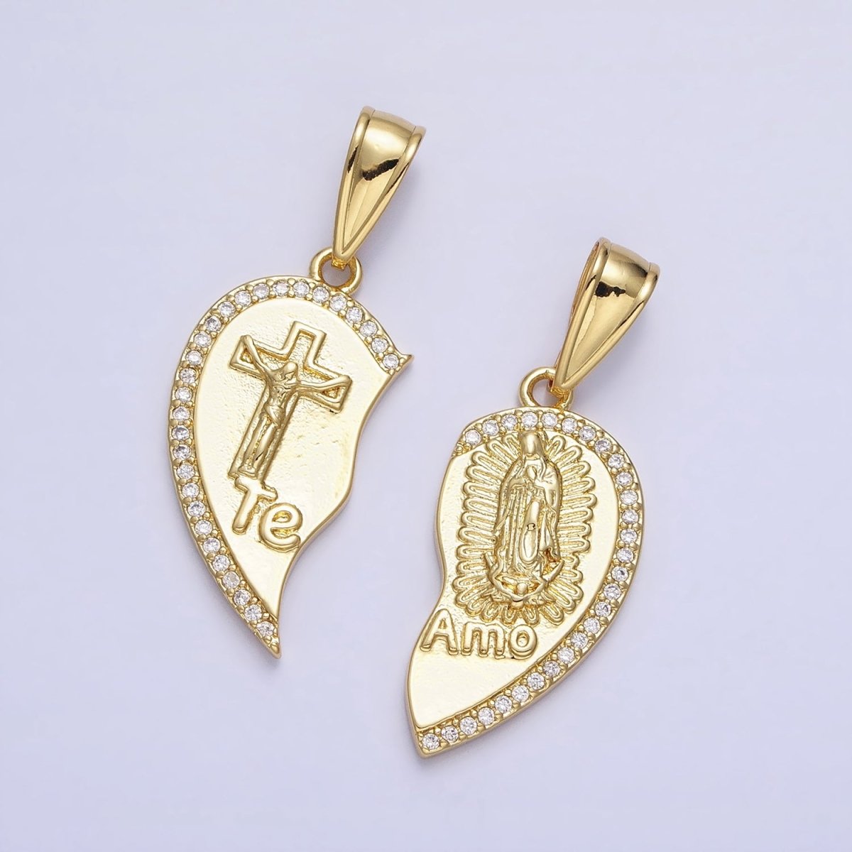 24K Gold Filled "Te Amo" Crucifix Cross, Virgin Mary Religious Breakable Heart Pendant | AA227 AA228