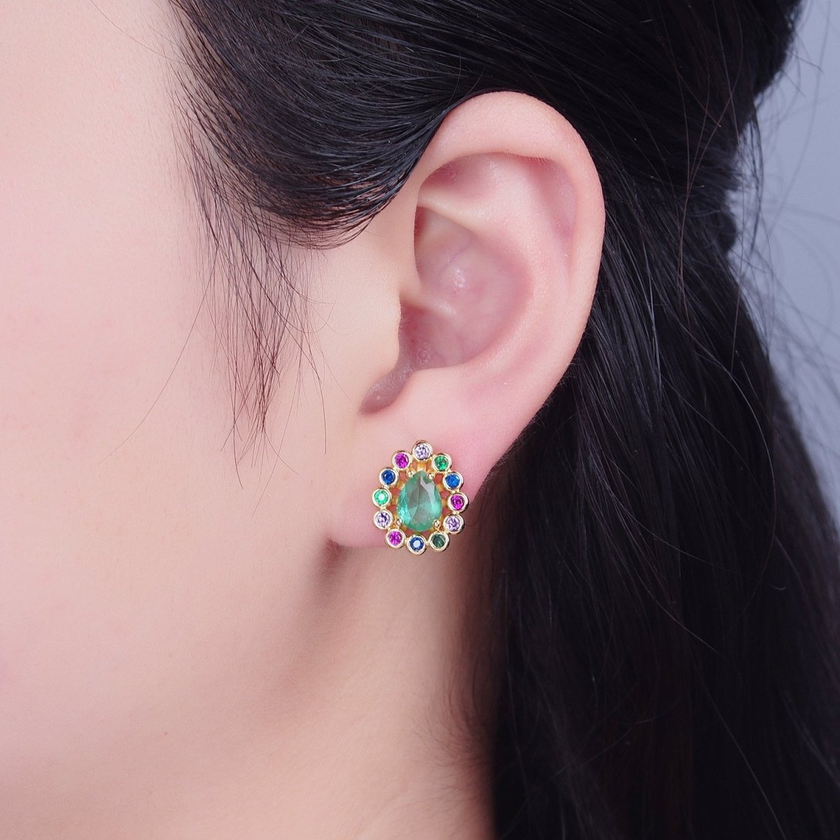 24K Gold Filled Teal Teardrop CZ Studs, Multicolor Round Earrings V-448