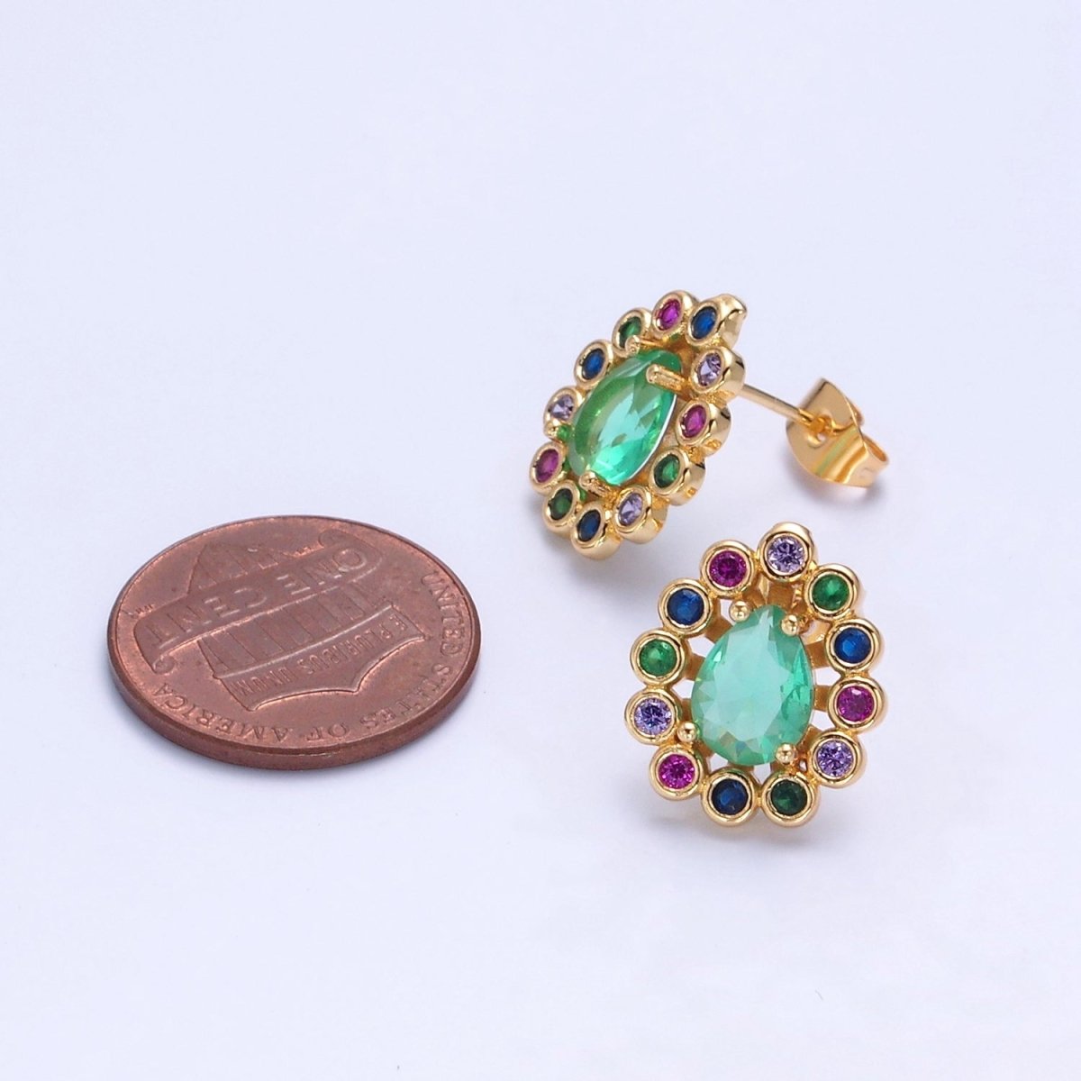 24K Gold Filled Teal Teardrop CZ Studs, Multicolor Round Earrings V-448