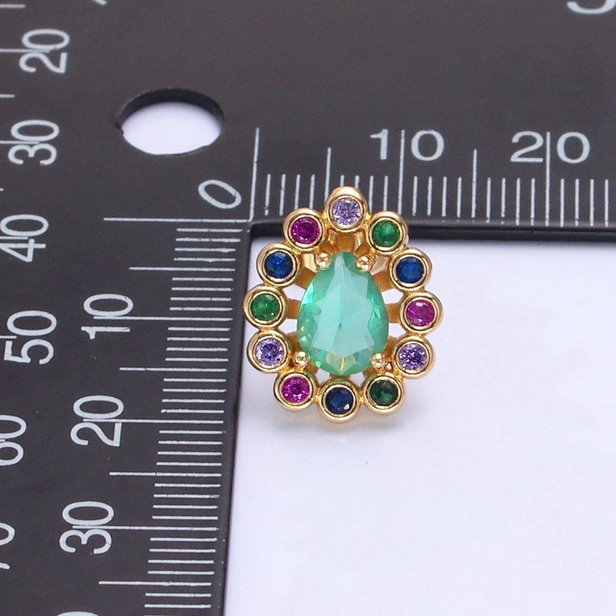 24K Gold Filled Teal Teardrop CZ Studs, Multicolor Round Earrings V-448