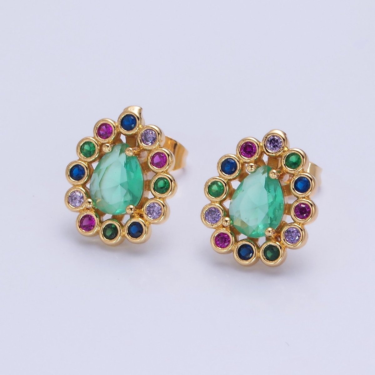 24K Gold Filled Teal Teardrop CZ Studs, Multicolor Round Earrings V-448