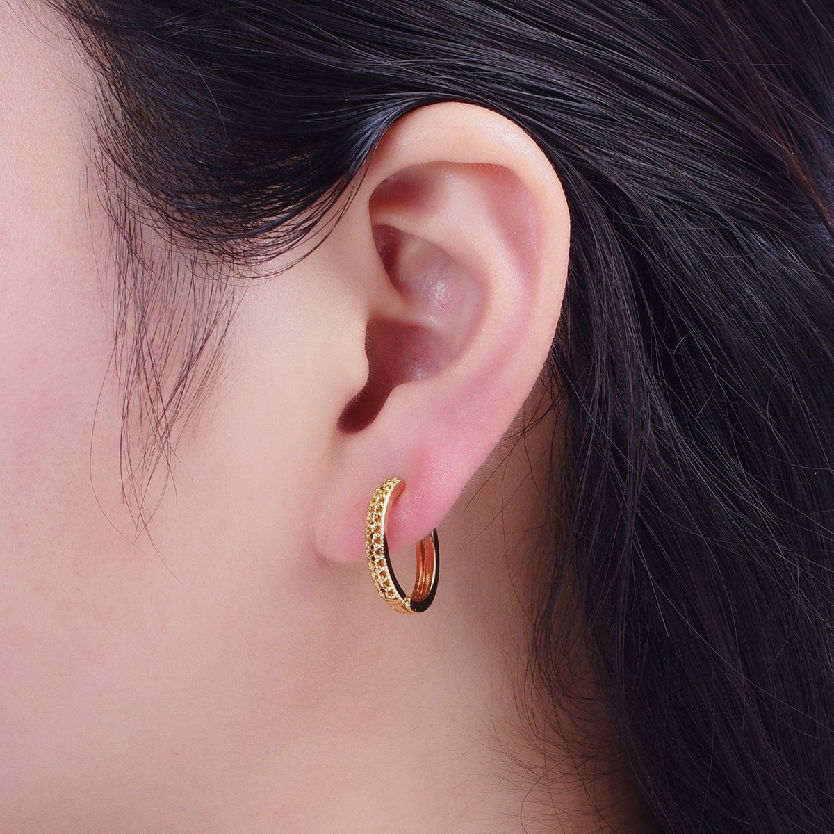 24K Gold Filled Textured Dotted Huggie Hoop Earrings T-399