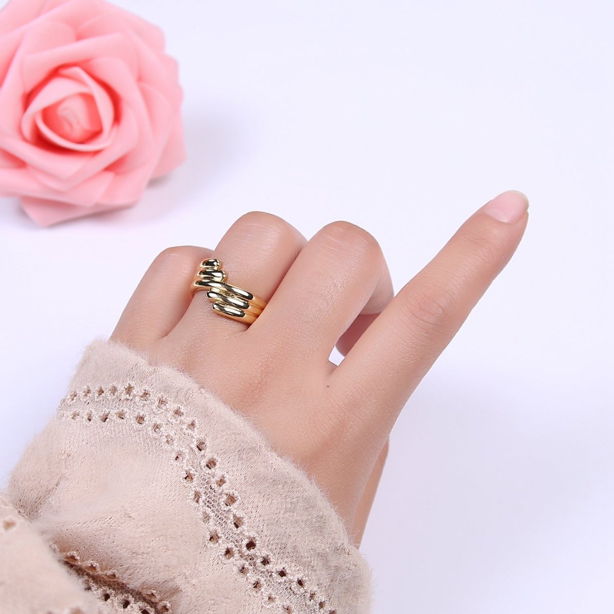 24K Gold Filled Textured Ring, Stackable Open Claw Gold Band Ring, Statement Bridesmaid Ring U-461