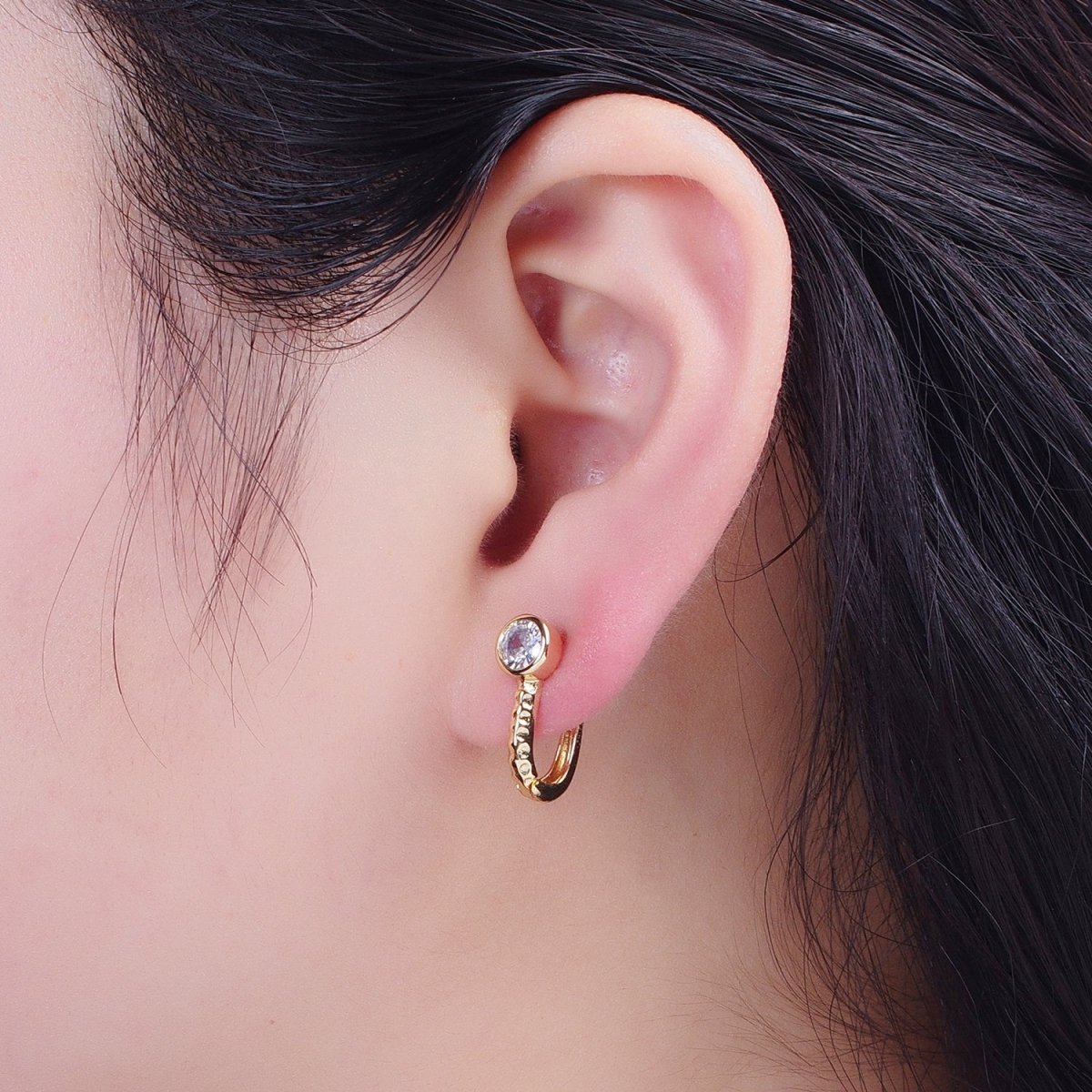 24K Gold Filled Textured Round Cubic Zirconia Latch Back Earrings T-034
