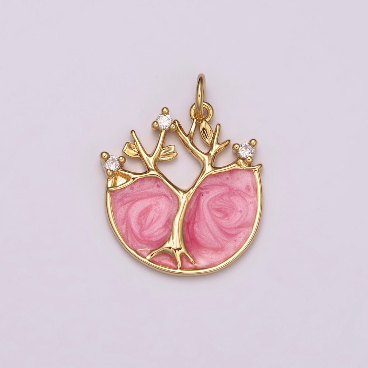 24k Gold Filled Tree Of Life Charm, Pink Enamel Tree Of Life Pendant for Necklace Bracelet Earring N-159