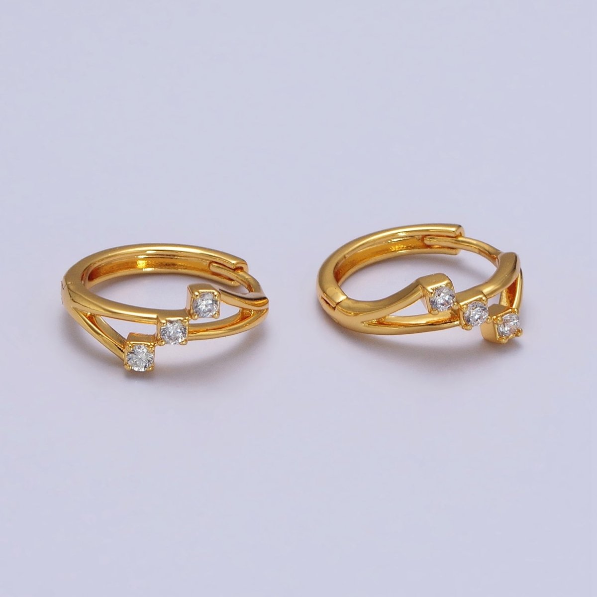 24K Gold Filled Triple Clear Round CZ Geometric Lined Huggie Earrings | AB119