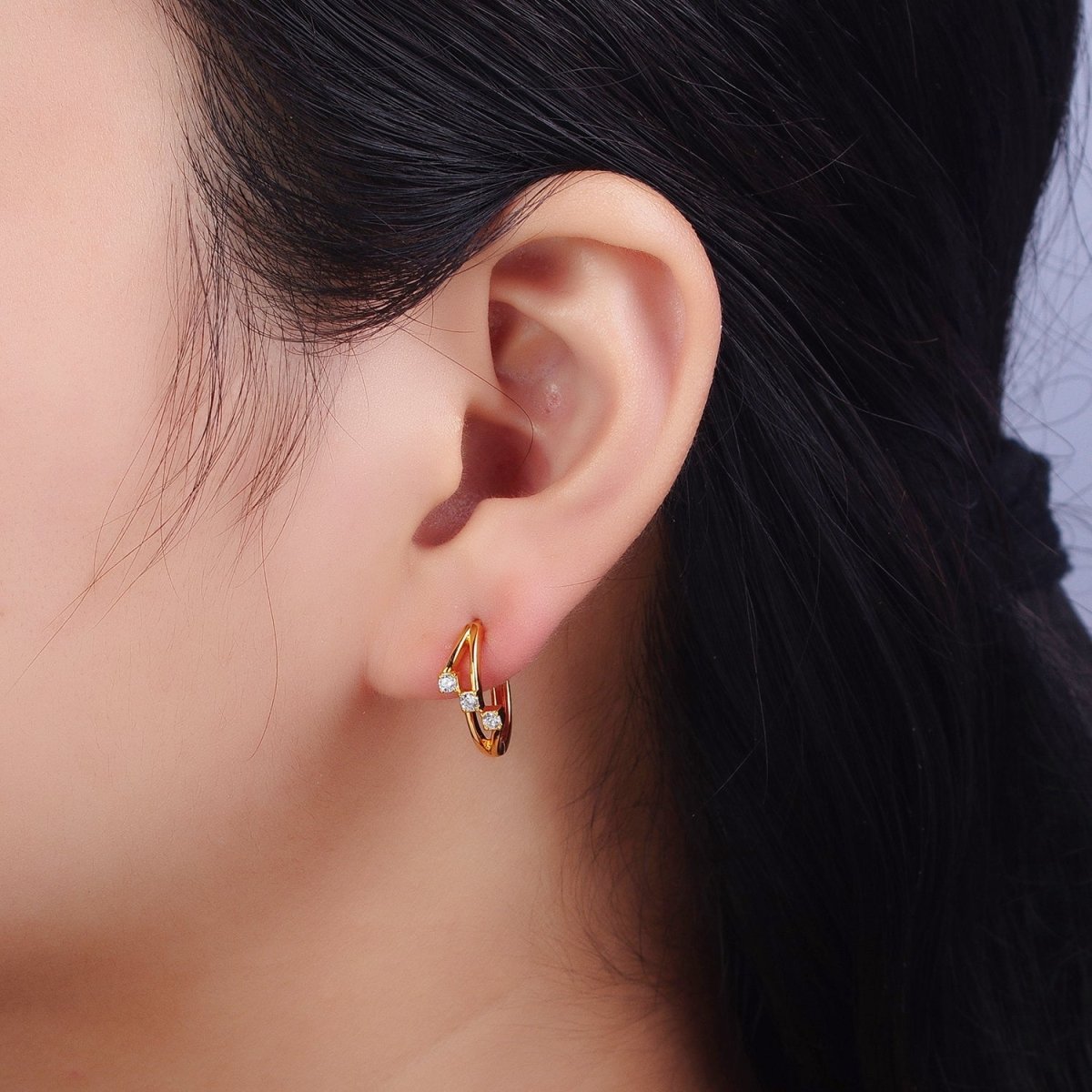 24K Gold Filled Triple Clear Round CZ Geometric Lined Huggie Earrings | AB119