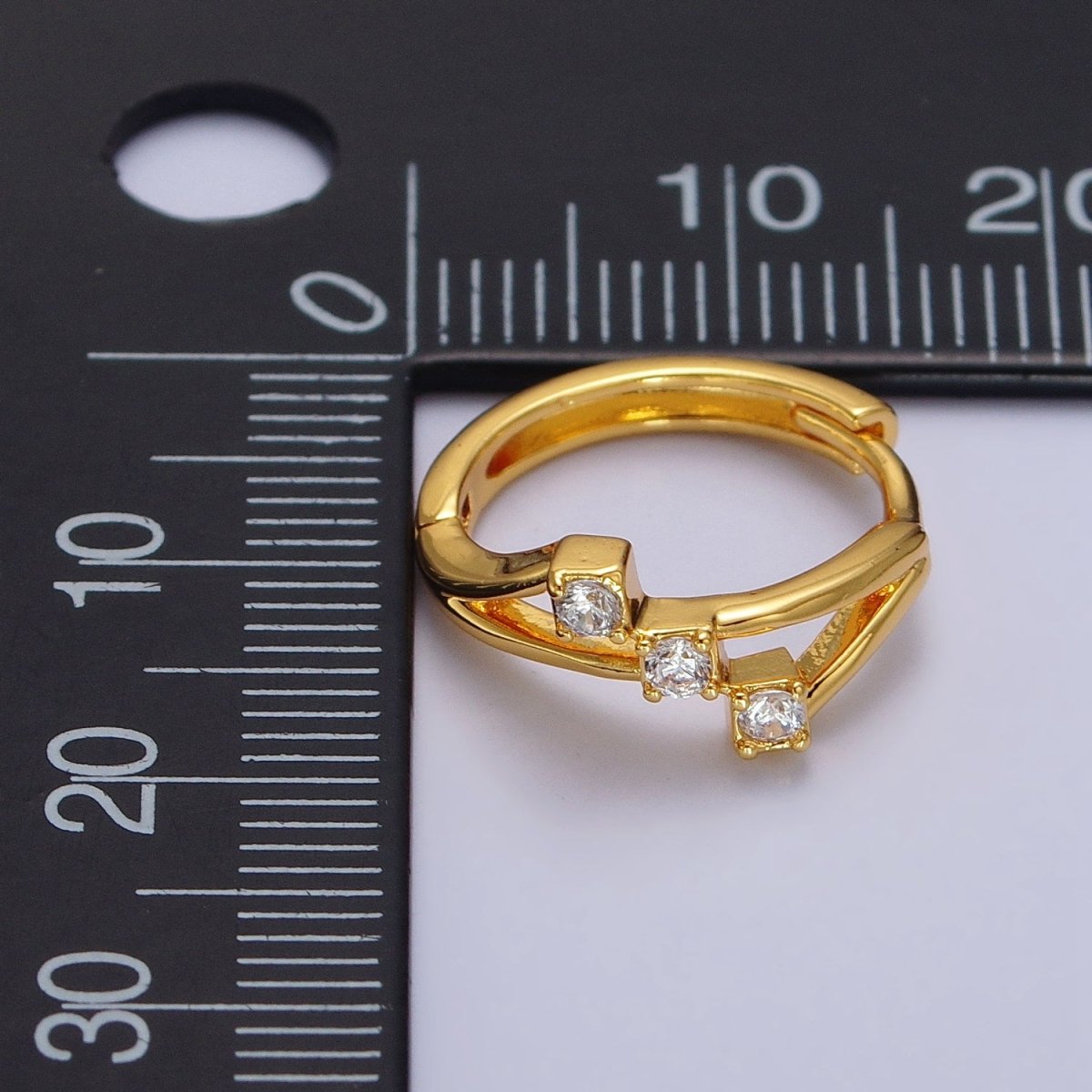 24K Gold Filled Triple Clear Round CZ Geometric Lined Huggie Earrings | AB119