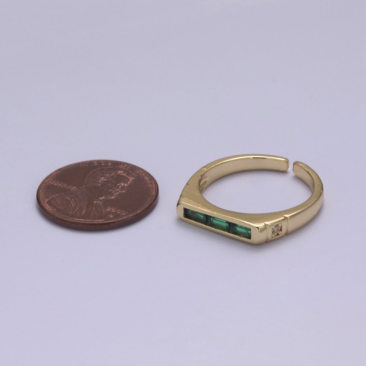 24K Gold Filled Triple Green, Clear Baguette CZ Cubic Crystal Zirconia Flat Bar Signet Adjustable Ring S-360 S-361