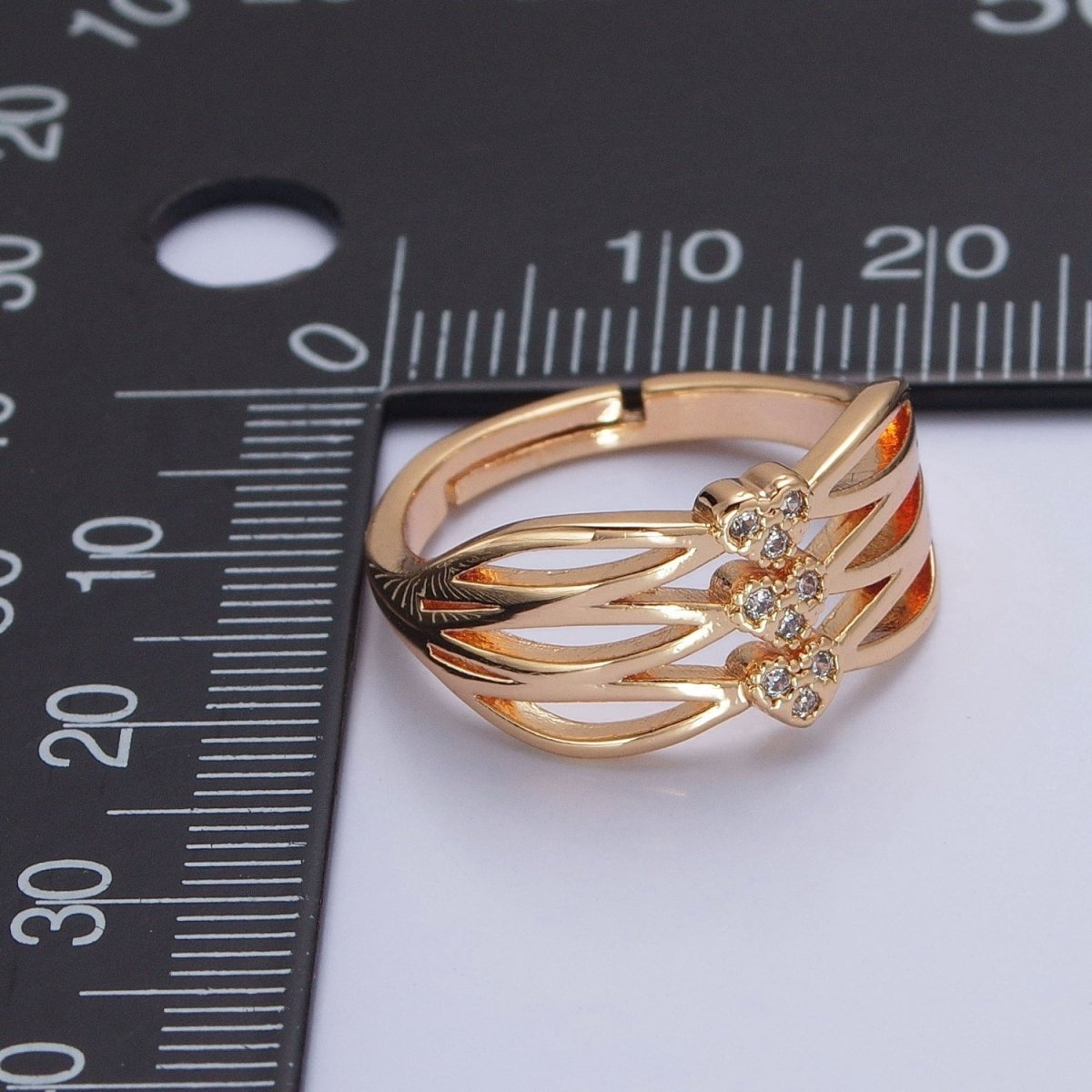 24K Gold Filled Triple Sharp Oval Band Micro Pave Clear Three Hearts Cubic Zirconia Adjustable Ring S-231