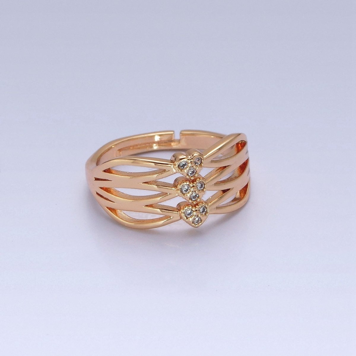 24K Gold Filled Triple Sharp Oval Band Micro Pave Clear Three Hearts Cubic Zirconia Adjustable Ring S-231