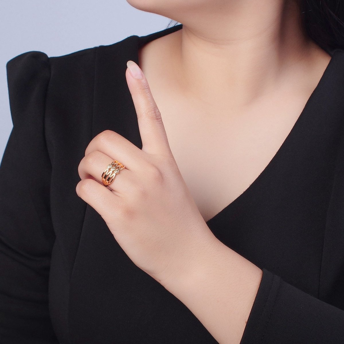 24K Gold Filled Triple Sharp Oval Band Micro Pave Clear Three Hearts Cubic Zirconia Adjustable Ring S-231