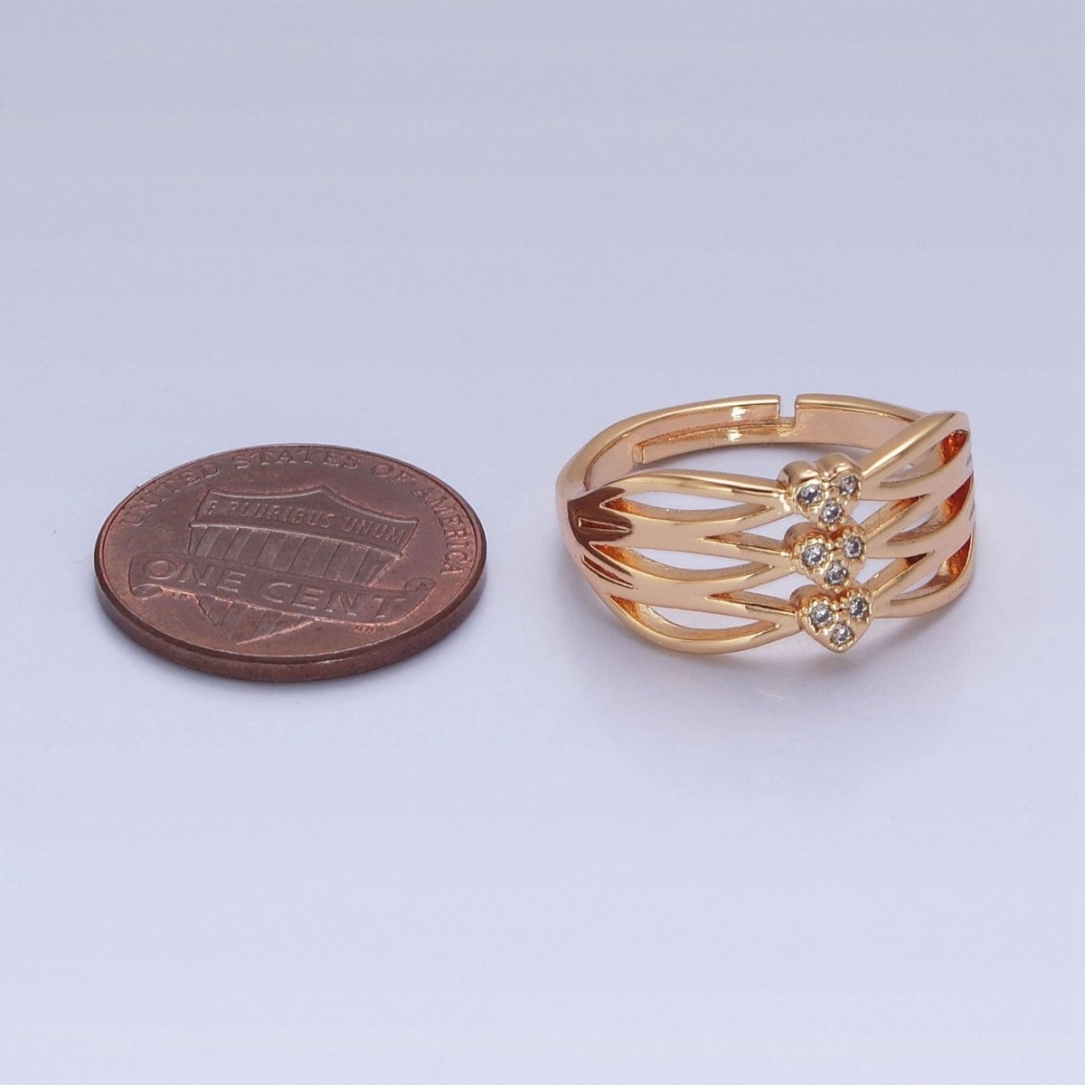 24K Gold Filled Triple Sharp Oval Band Micro Pave Clear Three Hearts Cubic Zirconia Adjustable Ring S-231