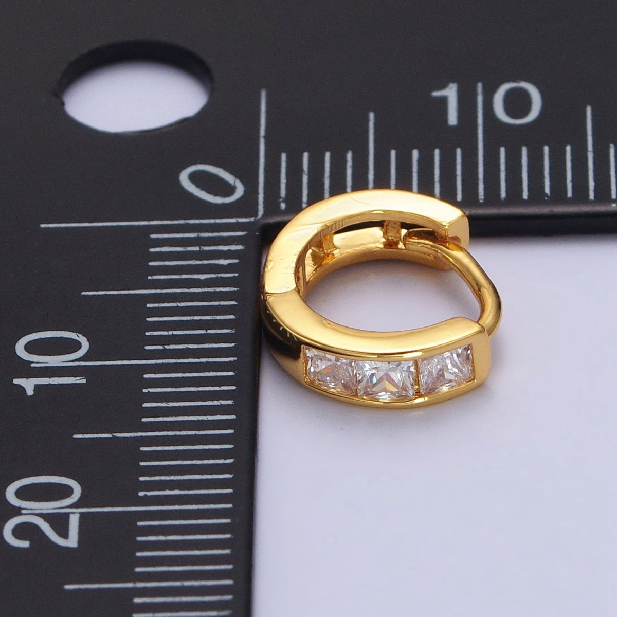 24K Gold Filled Triple Square Clear CZ 11mm Huggie Earrings | AB146