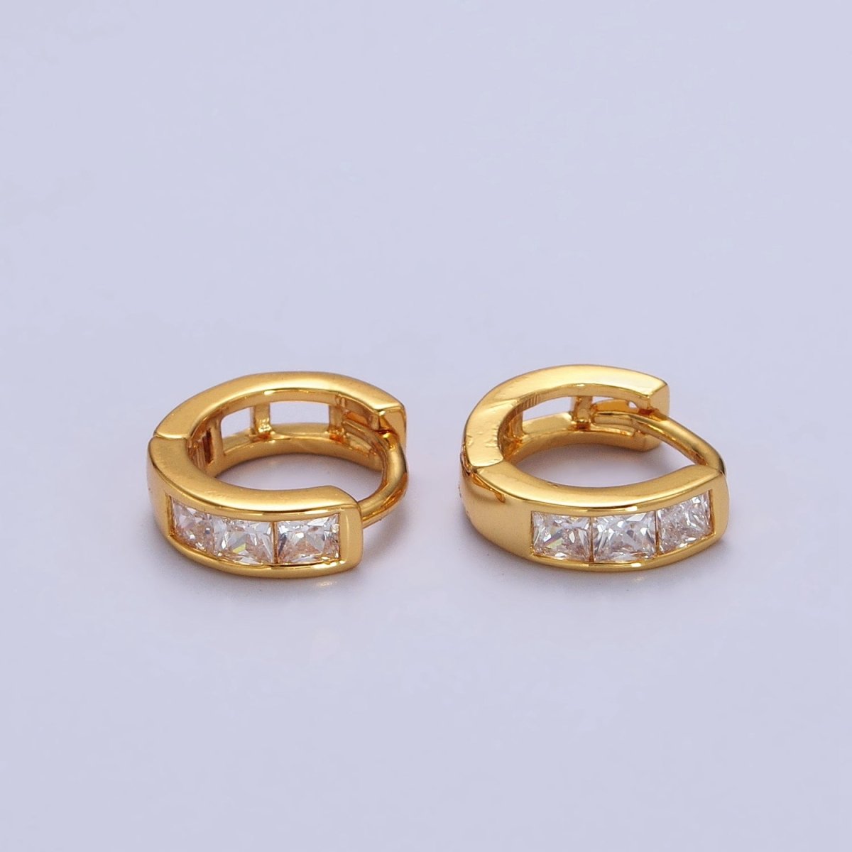 24K Gold Filled Triple Square Clear CZ 11mm Huggie Earrings | AB146