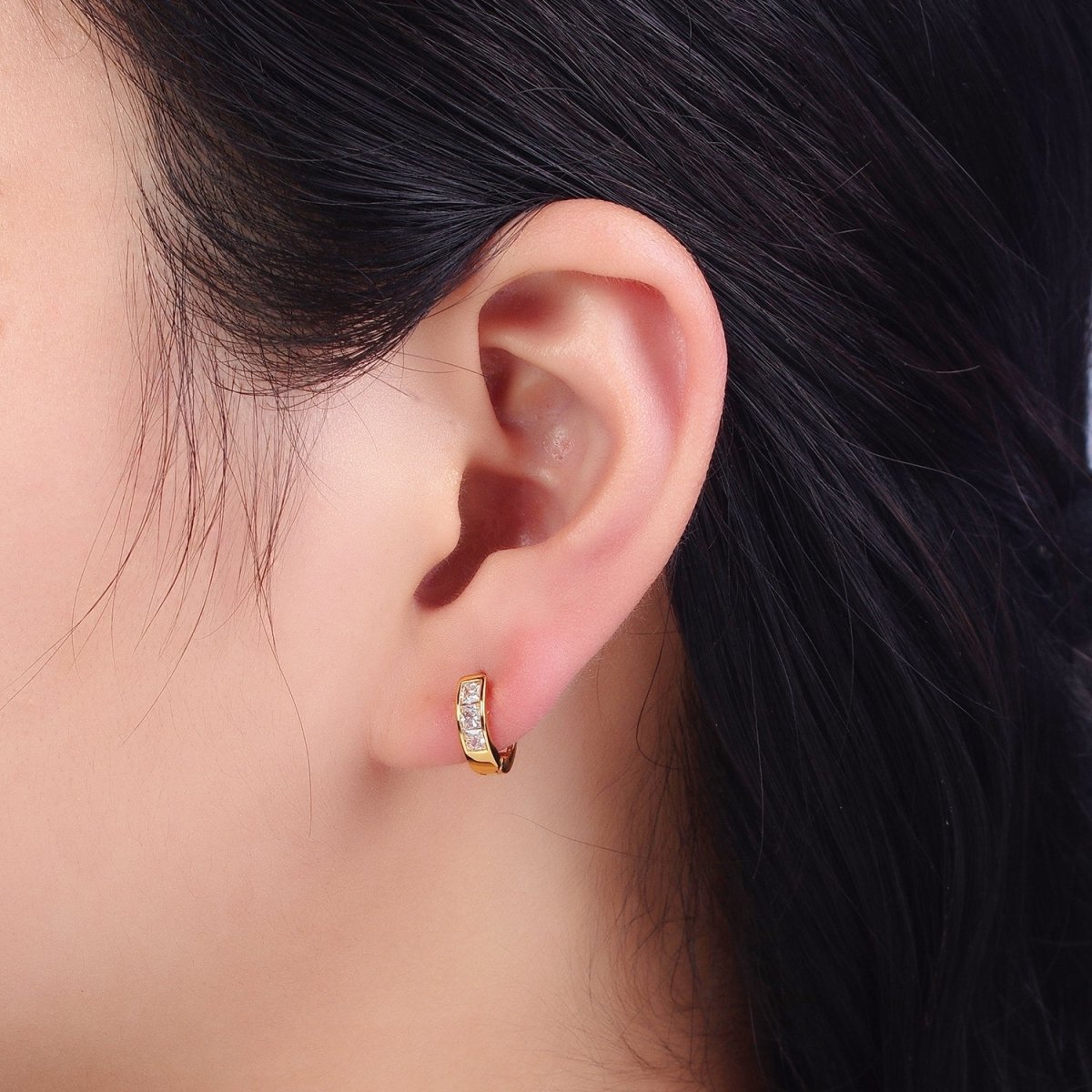 24K Gold Filled Triple Square Clear CZ 11mm Huggie Earrings | AB146