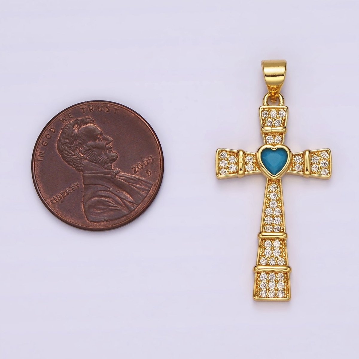 24K Gold Filled Turquoise Heart Micro Paved Lined Latin Cross Pendant | AH-081