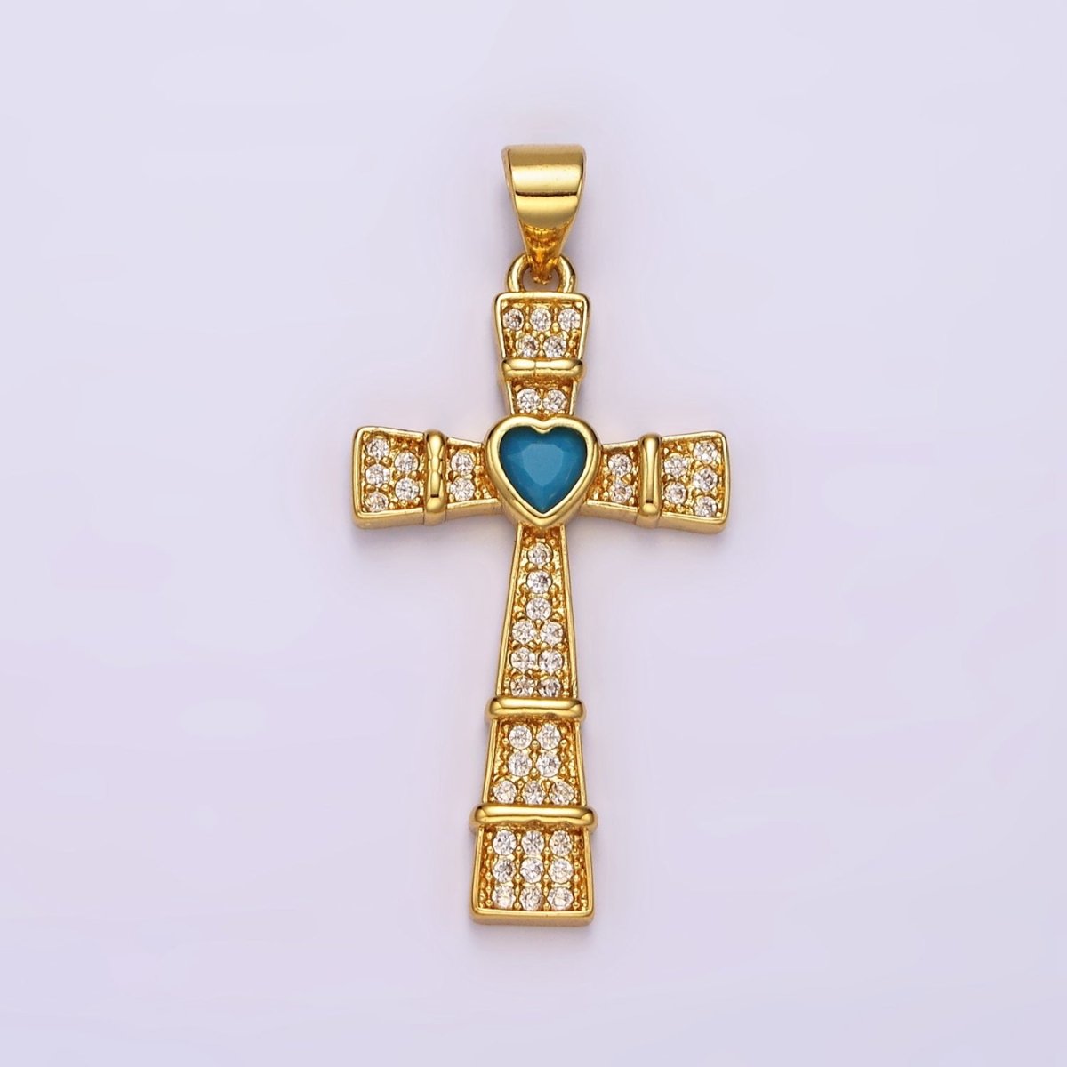 24K Gold Filled Turquoise Heart Micro Paved Lined Latin Cross Pendant | AH-081