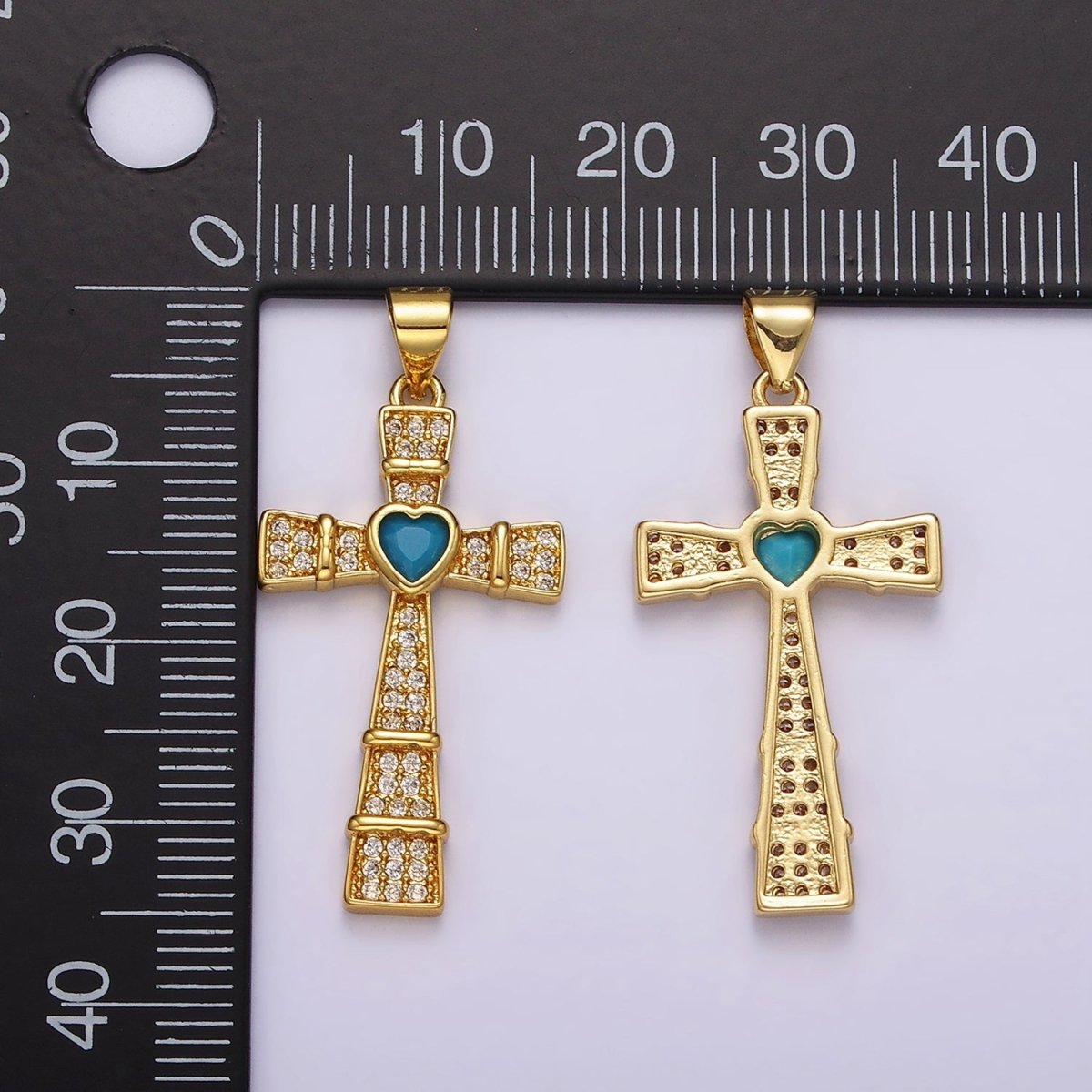 24K Gold Filled Turquoise Heart Micro Paved Lined Latin Cross Pendant | AH-081