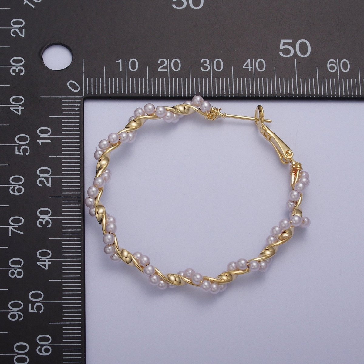 24K Gold Filled Twisted Pearls 50mm Hoops Earrings | AD-231