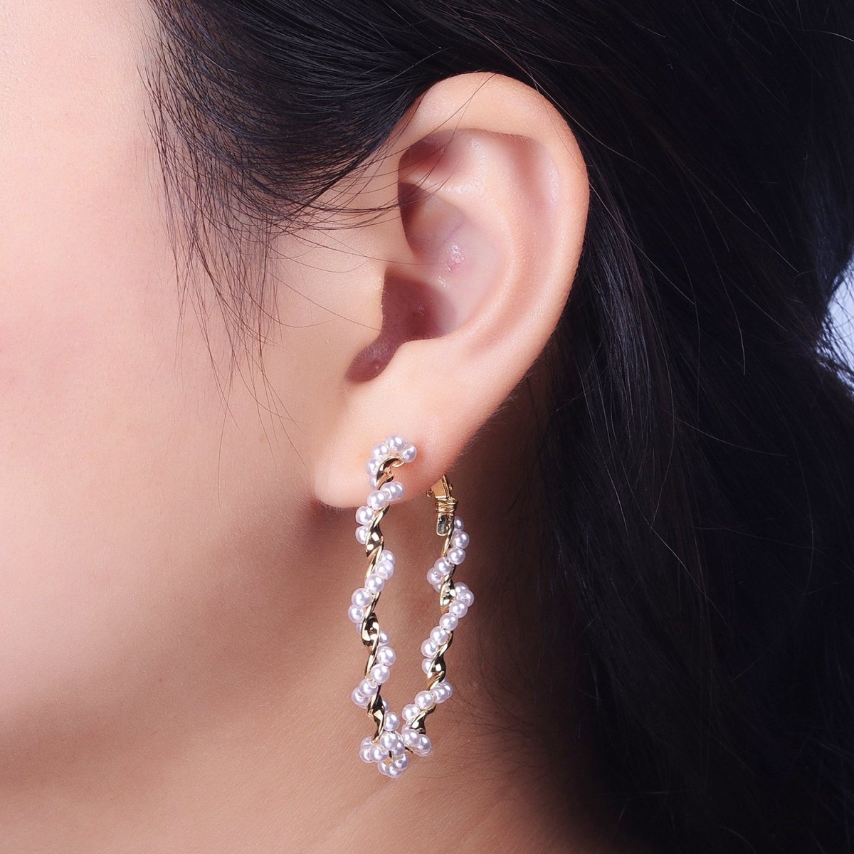 24K Gold Filled Twisted Pearls 50mm Hoops Earrings | AD-231