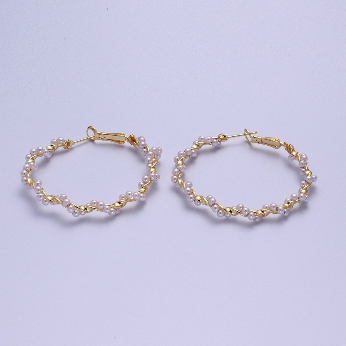 24K Gold Filled Twisted Pearls 50mm Hoops Earrings | AD-231