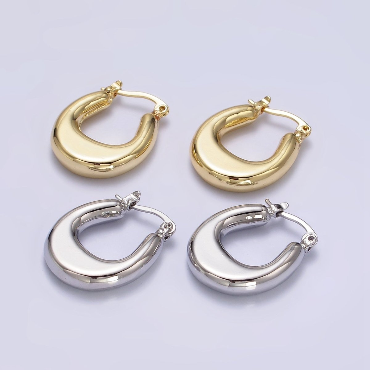 24K Gold Filled U-Shaped Edged Chubby French Lock Latch Hoop Earrings in Gold & Silver | AE612 AE613