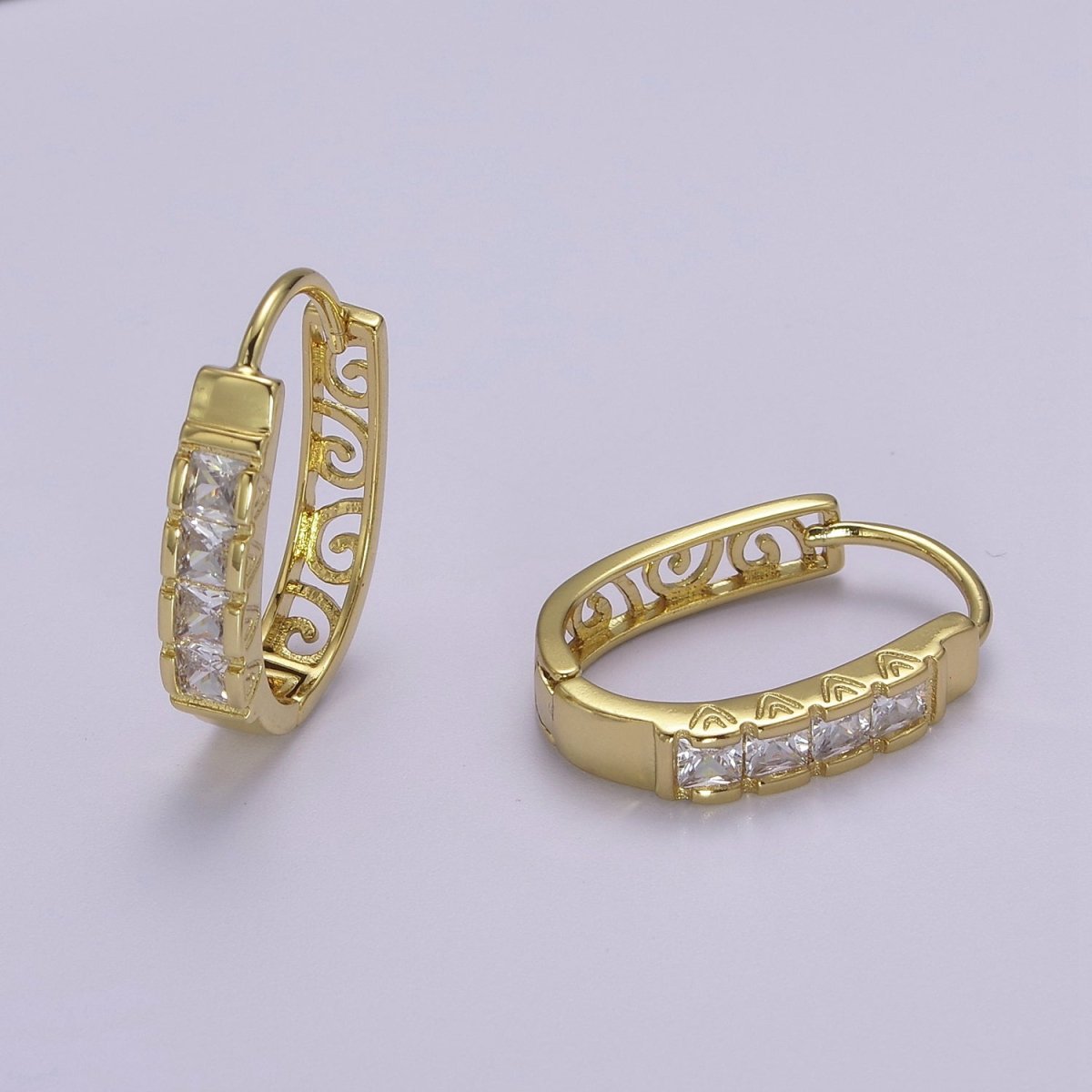 24K Gold Filled U Shaped Vintage Filigree Square Cubic Zirconia Huggie Hoop | V-369
