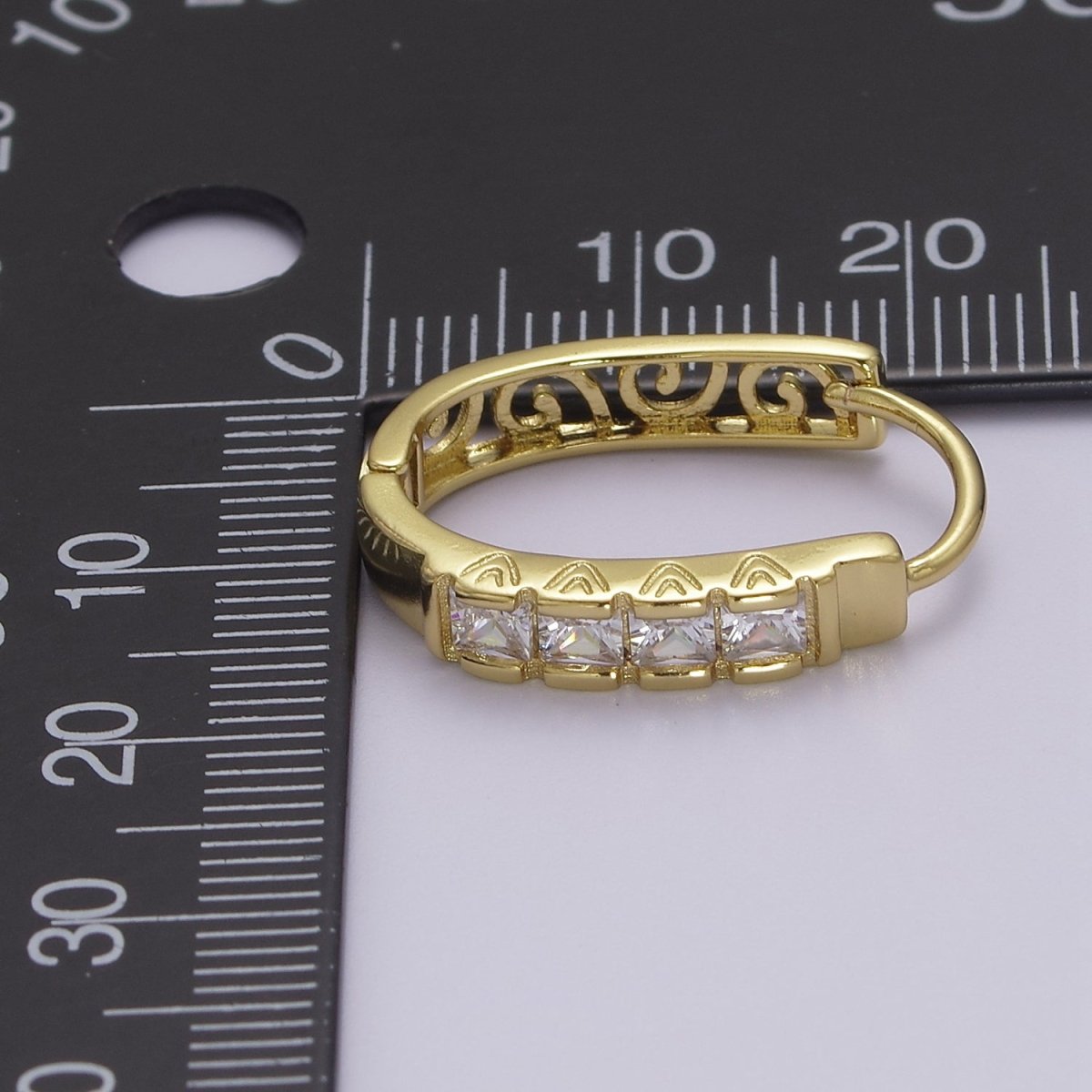 24K Gold Filled U Shaped Vintage Filigree Square Cubic Zirconia Huggie Hoop | V-369