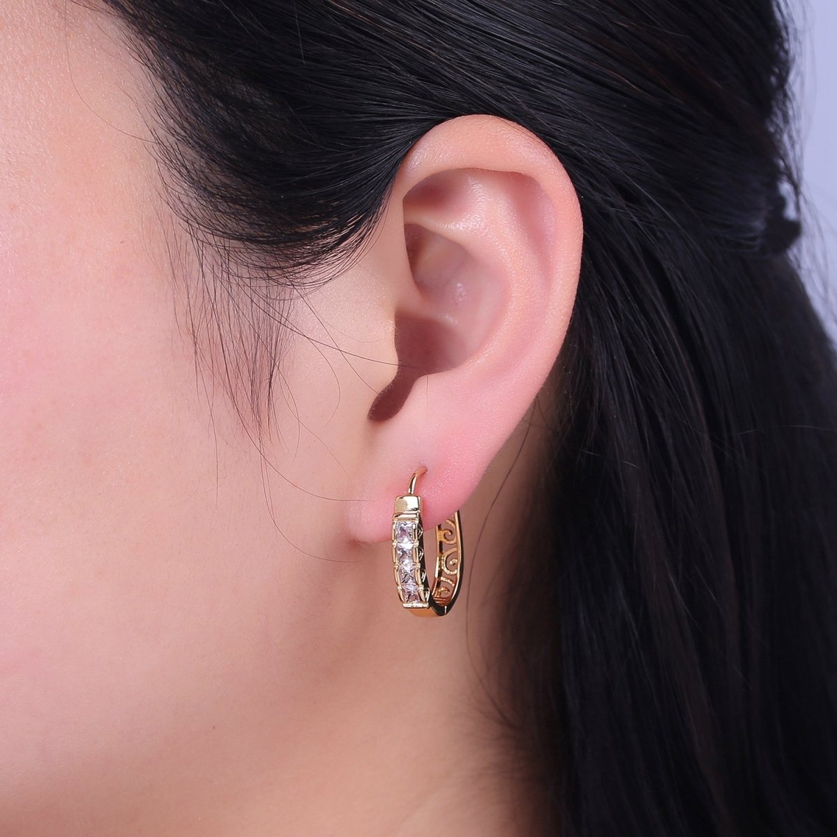 24K Gold Filled U Shaped Vintage Filigree Square Cubic Zirconia Huggie Hoop | V-369