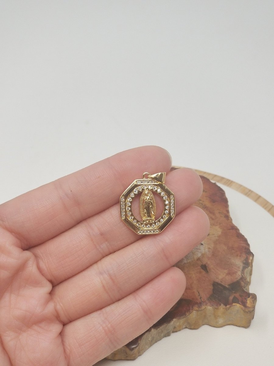24k Gold Filled Virgin Mary Medallion Necklace Octagon Virgin Mary Pendant for Religious Necklace Lady Guadalupe Charm, Mother of God I-127